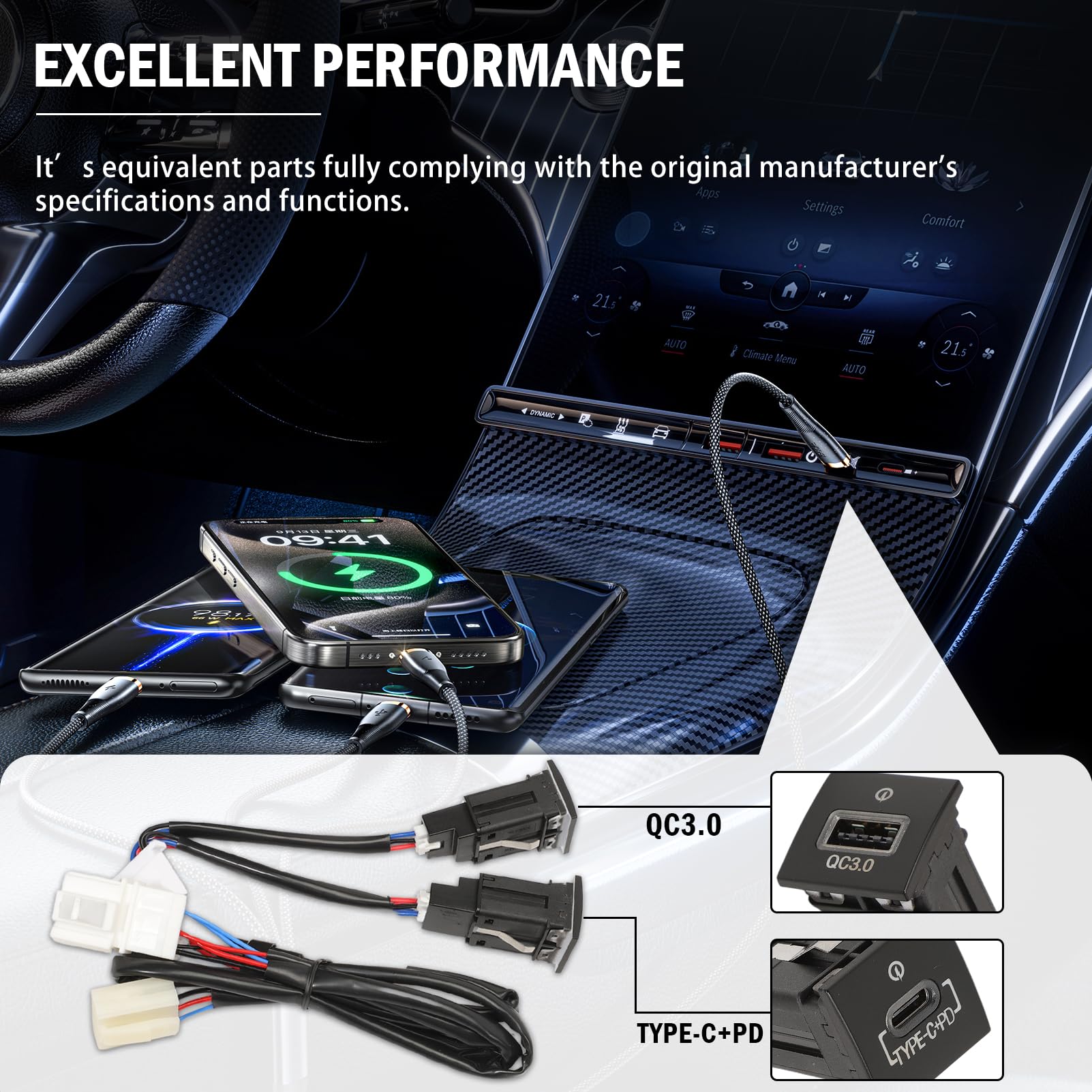 Dual USB Adapter Ladesteckdose Schnellladegerät für Golf GTI R-Line MK5 MK6 J-t-a MK4 S-c-o EOS Kabellänge 92 cm
