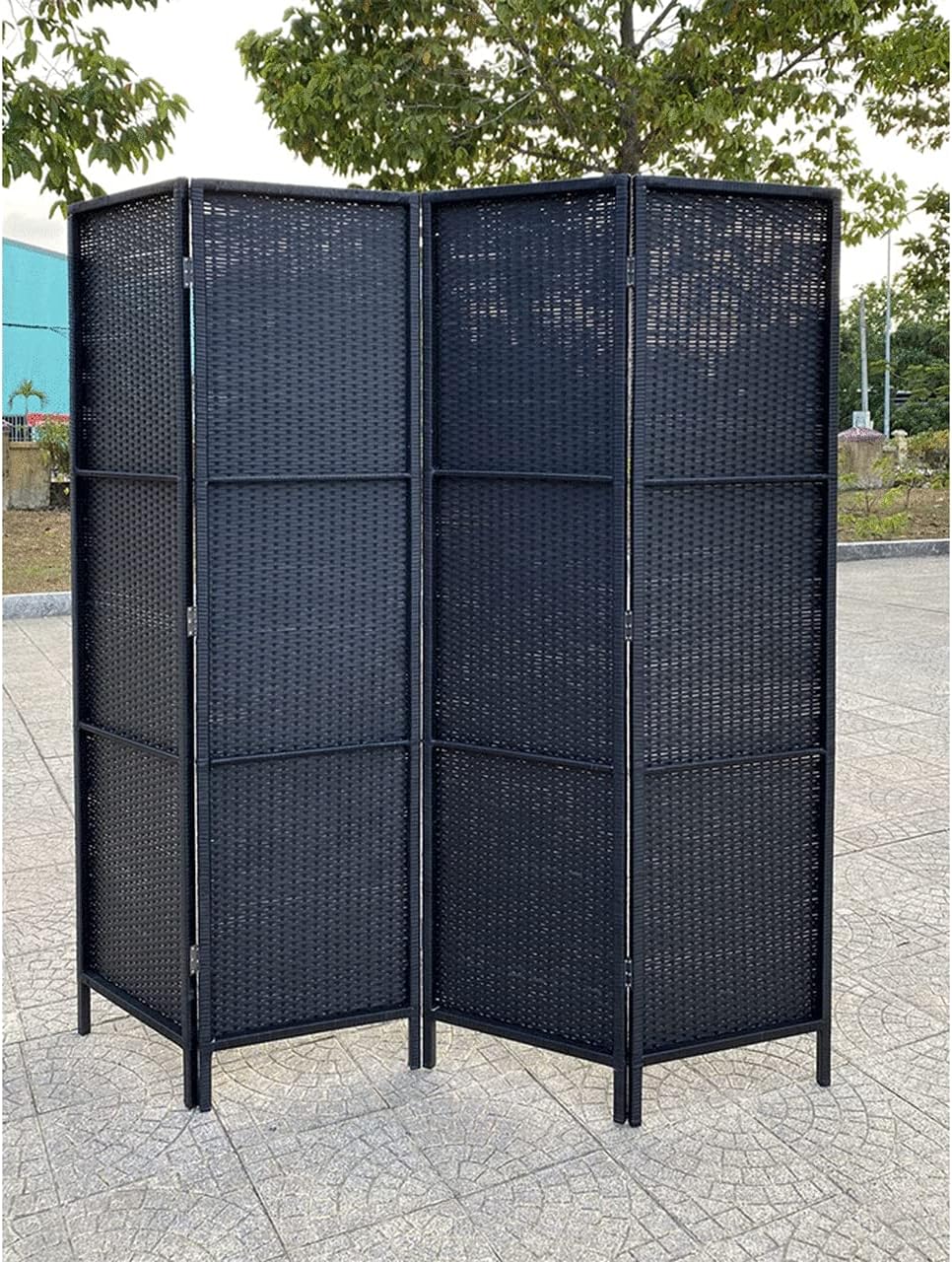 4 Panels Patio Outdoor Privacy Screen Room Divider Partition Black Resin Wicker Weather Resistant