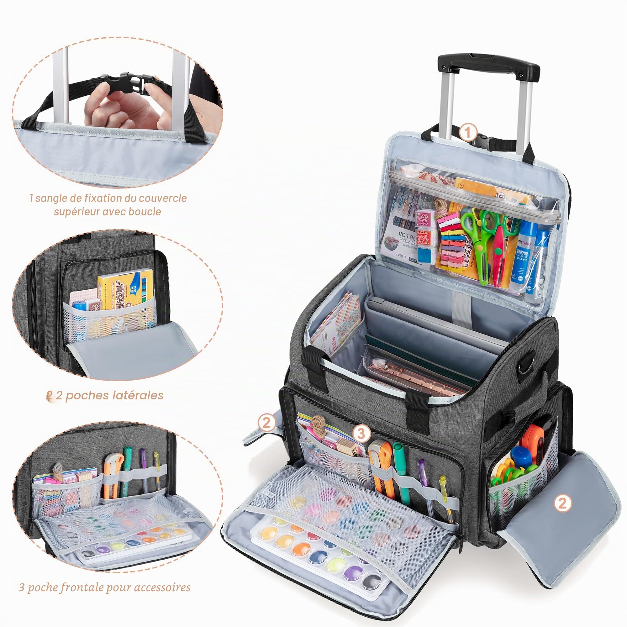 CURMIO Sac à roulettes pour Scrapbooking avec Poches Extensible, Gris | Valise à Roulettes Multifonctionnelle, pour Scrapbook/ Artisanales/ Couture/ DIY Materiel, Sac Vide