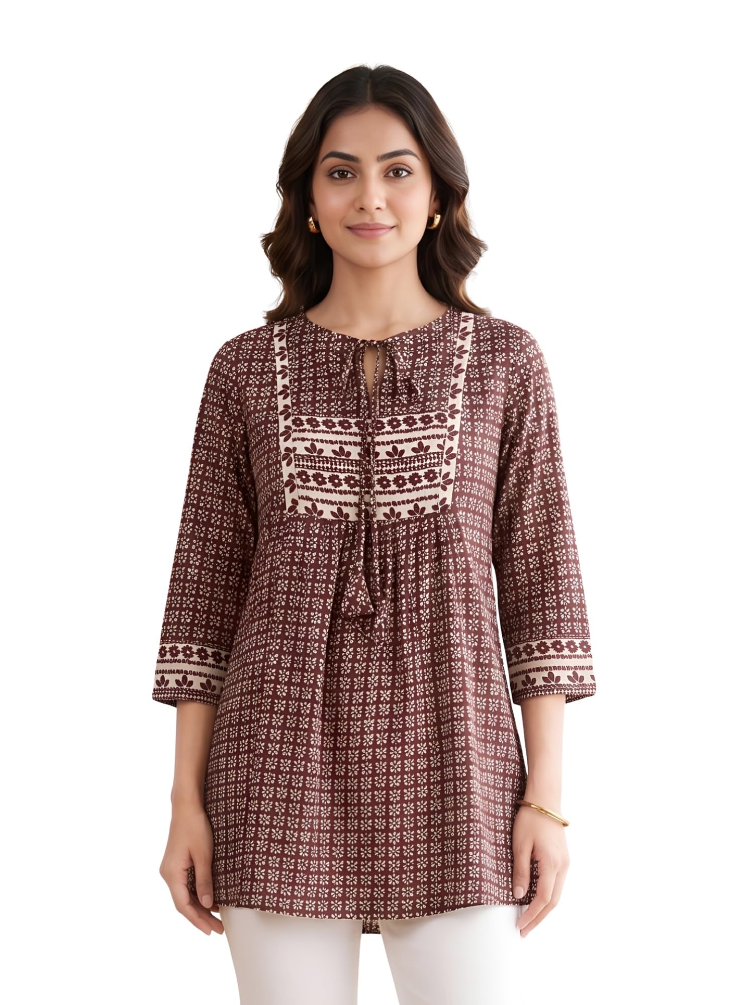 yash gallery Women’s Wrinkle Free Printed Short Kurti with Yoke & Tie-Up Neck | Comfortable 3/4 Sleeve Ethnic Top | Casual Everyday Wear for Office, College & Outings-picture-25