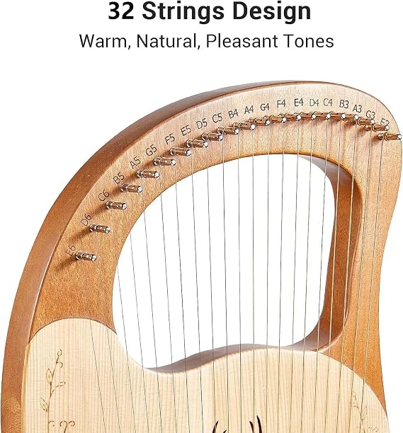 Lyre Harp 21 27 32 Strings Mahogany Wood Kids Harp Instrument Extra Metal String Set Lyre Music Book for Beginners Tuning Wrench For Music Lovers,32 String [Energy Class A]