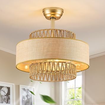 Boho Fandelier Ceiling Fans with Light andRemote Gold Enclosed Caged Ceiling Fan with LightRattan Chandelier Fan for Bedroom, Living Room,Kitchen 6 Speeds Bladeless Cellng Fan