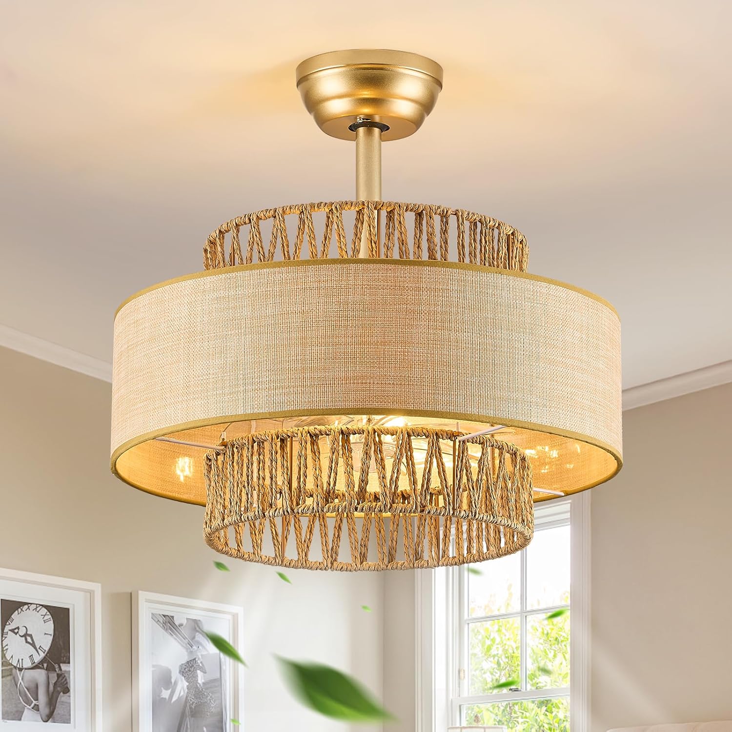 Boho Fandelier Ceiling Fans with Light and Remote Gold Enclosed Caged Ceiling Fan with Light Rattan Chandelier Fan