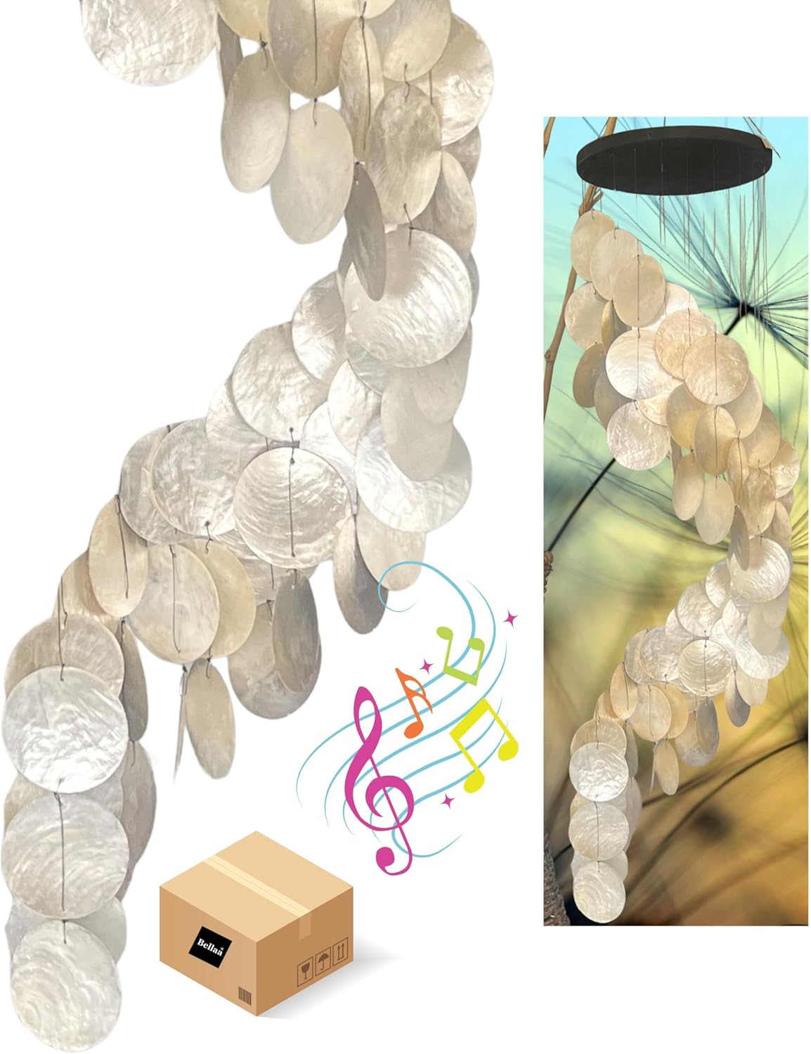 Bellaa 24537 Wind Chimes Outdoor, Garden Decorations, Musical, Indoor/Outside Windchimes, Beach, Ocean Breeze, Gifts for Mom, Gift for All Occasions, Capiz Sea Glass Shells Wood 27 inch White Gold Q Gold