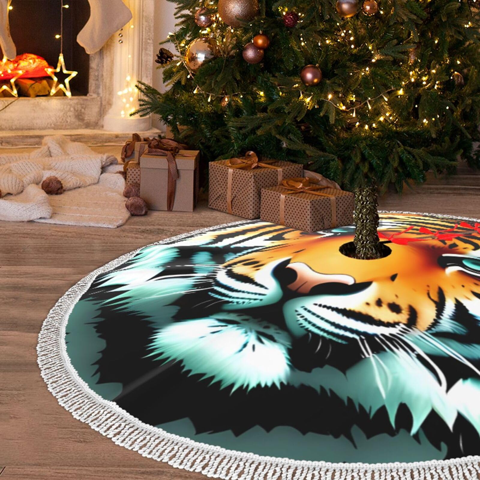 Jupe de sapin de Noël tigre 122 cm avec pompon pour déco de ferme rustique