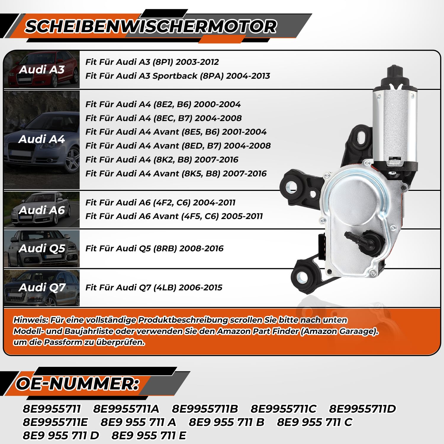 Wischermotor Hinten Scheibenwischermotor Kompatibel mit Audi A3 8P A4 A6 Q5 Q7 Heckscheibenwischermotor 8E9955711A 8E9955711E