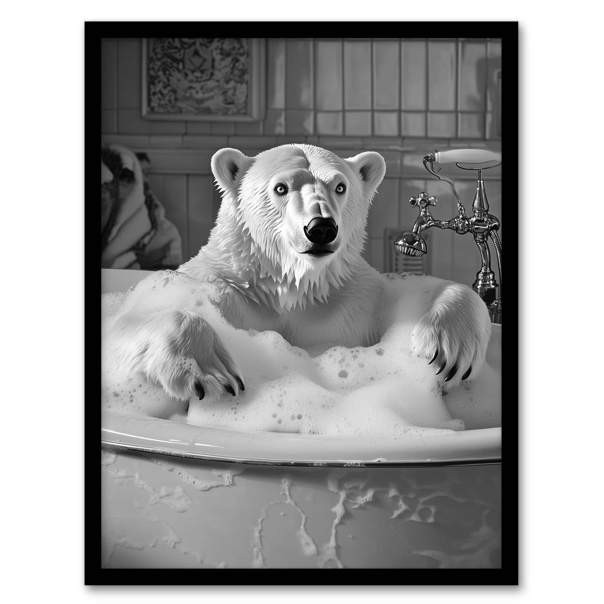 Artery8 Polar Bear Bathtub Bubble Bath Black White Funny Living Room Artwork Framed Wall Art Print 18X24 Inch
