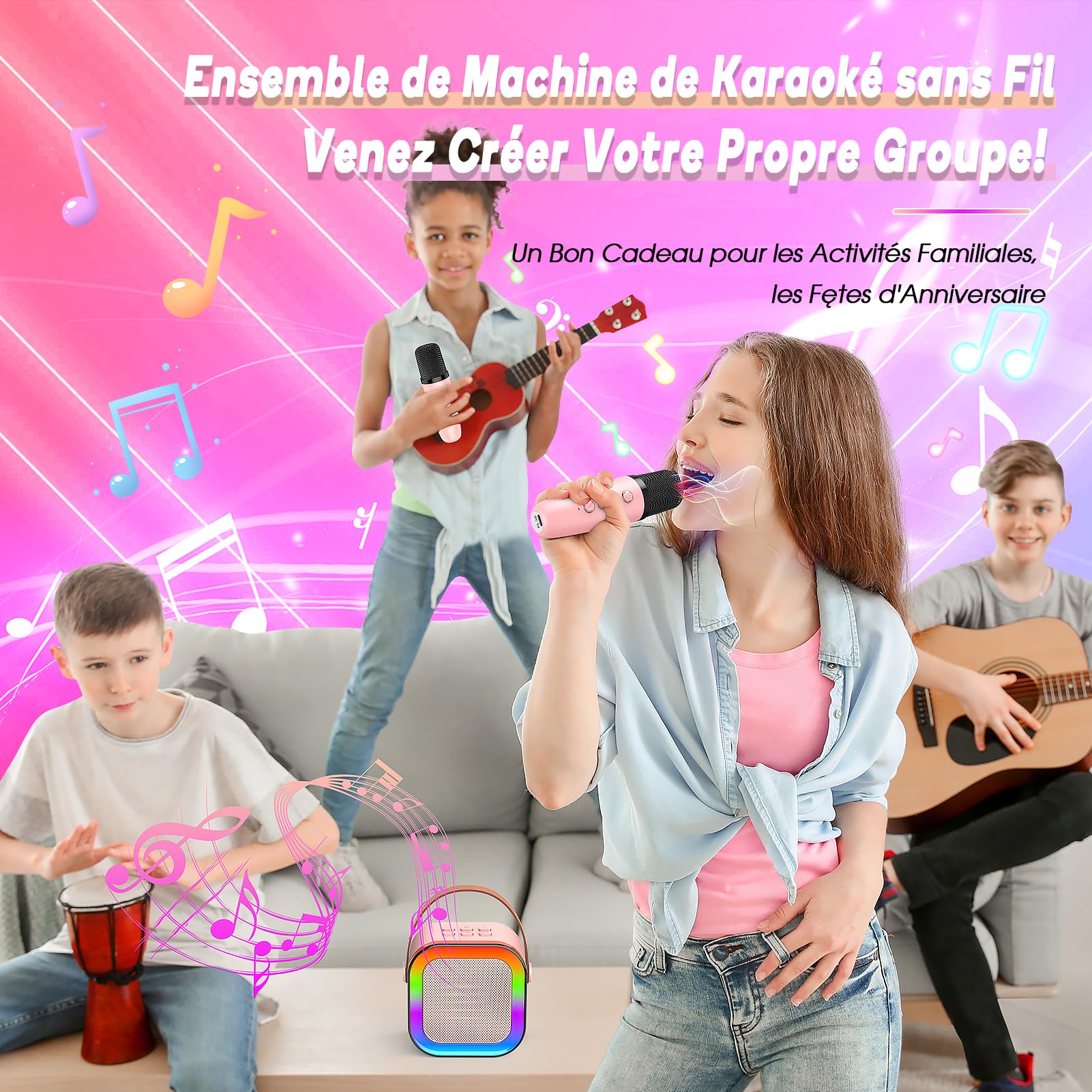 Dislocati Cadeau Fille 3-12 Ans Micro Karaoke Enfant Sans Fil Bluetooth Jouet pour Chanter Anniversaire - Karaoké Fêtes et Jeux à la Maison
