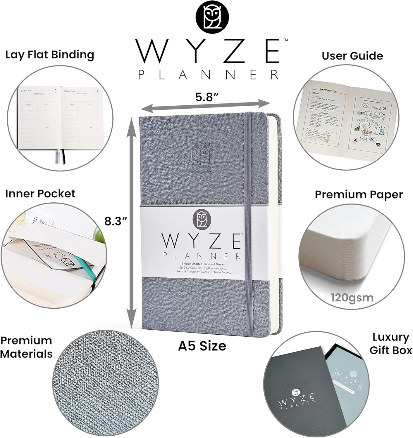 Wyze Planner Undated Daily Planner – 6-Month A5 Productivity Organizer with Full Page Per Day, Hourly Schedule, Goal Setting, Habit Tracker, Weekly & Monthly Pages – Hardcover Time Management Notebook (Gray)