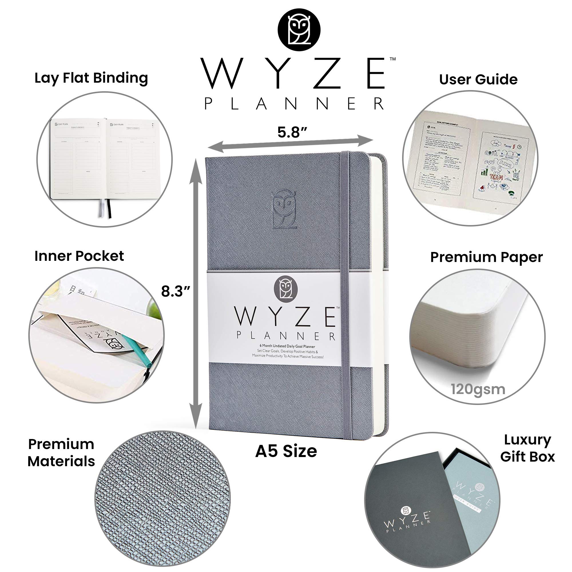 Wyze Planner Agenda giornaliera senza data, organizer per la produttività di 6 mesi in formato A5 con pagina intera al giorno, programma orario, impostazione obiettivi, tracker abitudini, pagine