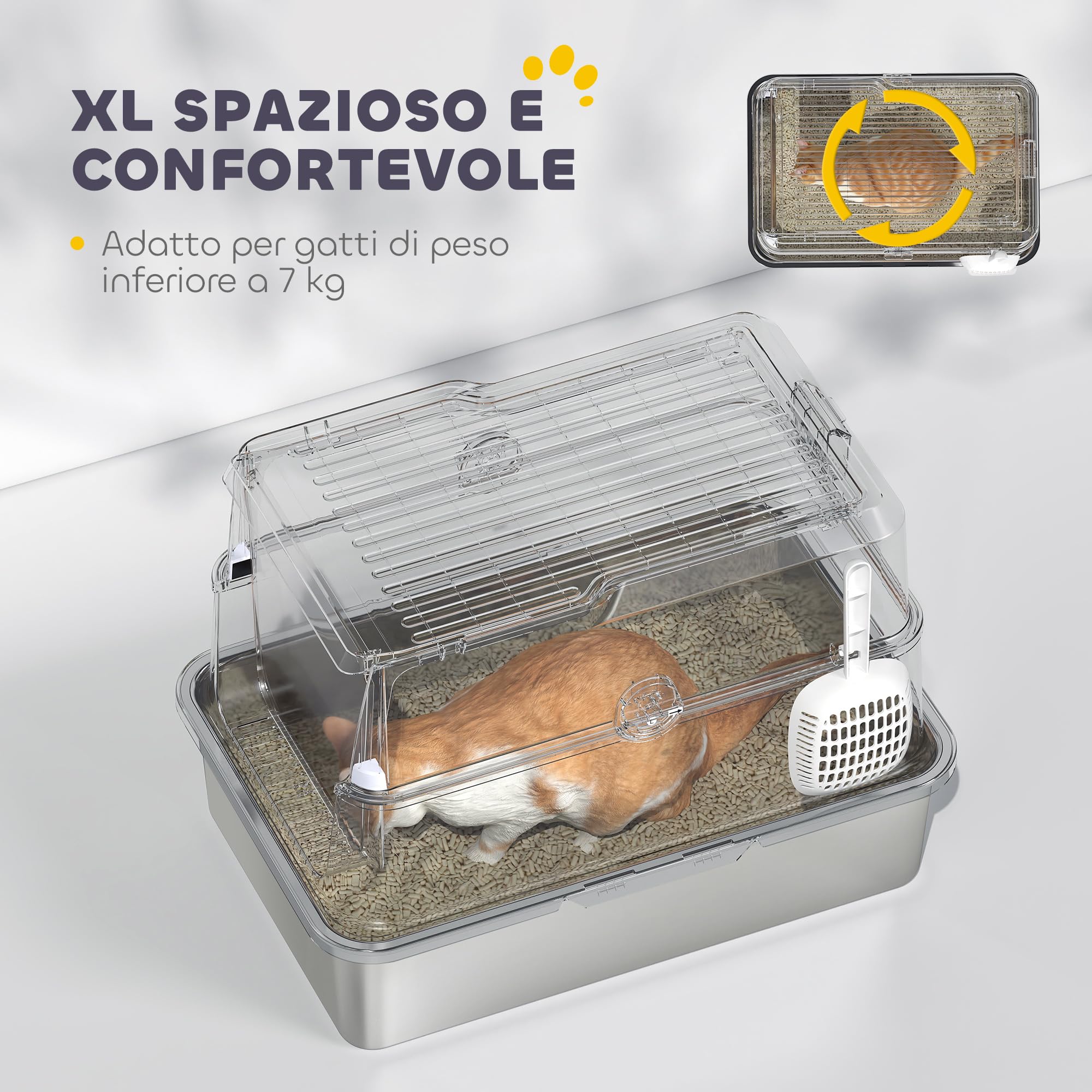 PawHut Lettiera per Gatti XL in Acciaio Inox con Coperchio Grigio Chiaro | Lettiera Chiusa, per Gatti Grandi, con Paletta, Coperchio Ribaltabile, Deodorante