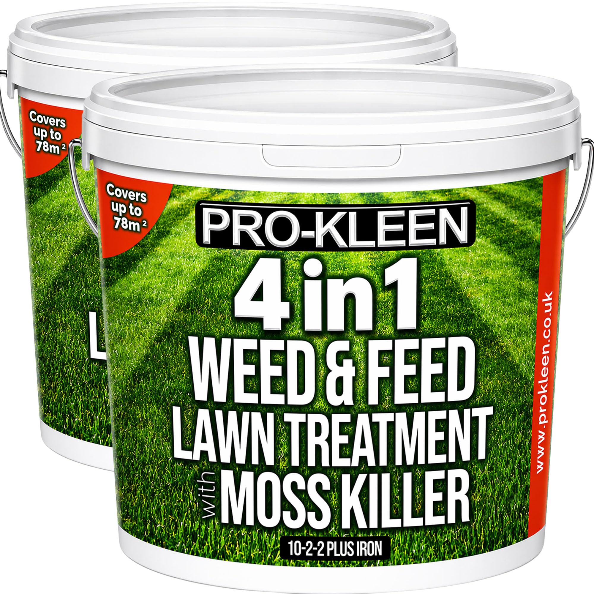 Pro-Kleen 4 in 1 Weed and Feed Lawn Treatment with Moss Killer - Greens Grass, Kills Weeds & Moss & Fertilises Grass - Apply from May-August - Covers up to 156m2 - (2 x 2.5kg)