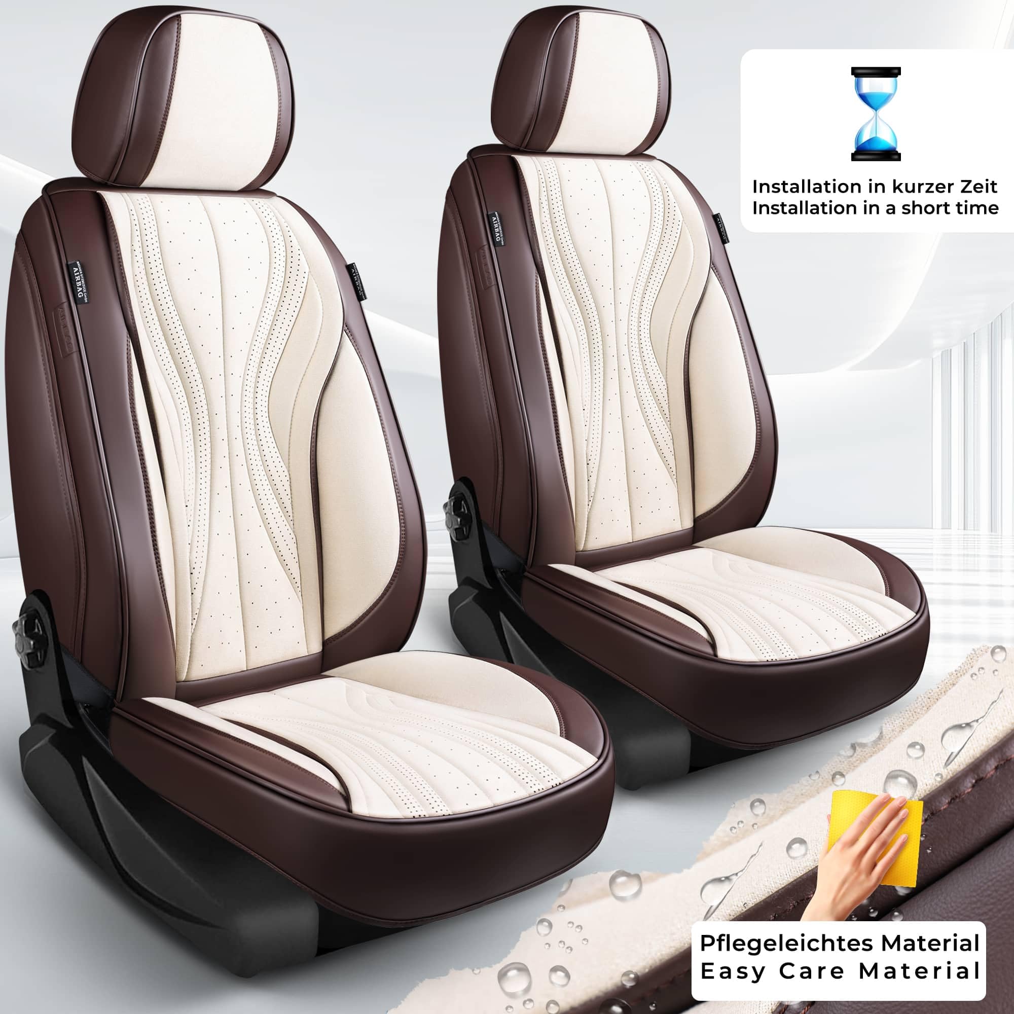 Autositzbezüge Universal für PKW, SUV – Premium Vordersitzbezüge Braun/Beige, hochwertig verarbeitet für mehr Sitzkomfort, Airbag-kompatibel, Schonbezüge für Fahrer & Beifahrersitz mit Rückentasche