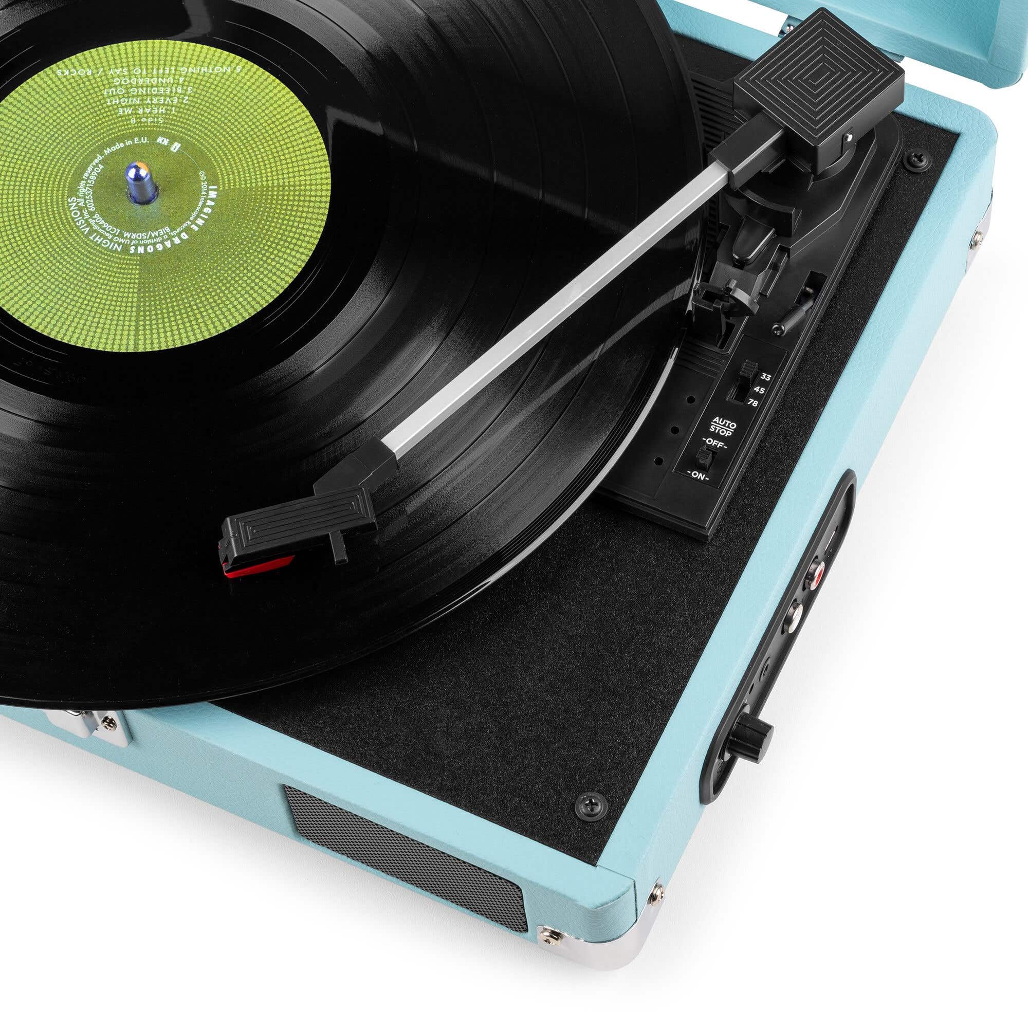 Audizio RP111BL Tocadiscos Retro en Maleta Azul con Altavoces Integrados, 3 velocidades 33/45/78 RPM, Cartucho cerámico, Salida RCA, Entrada Auriculares, portátil y Elegante