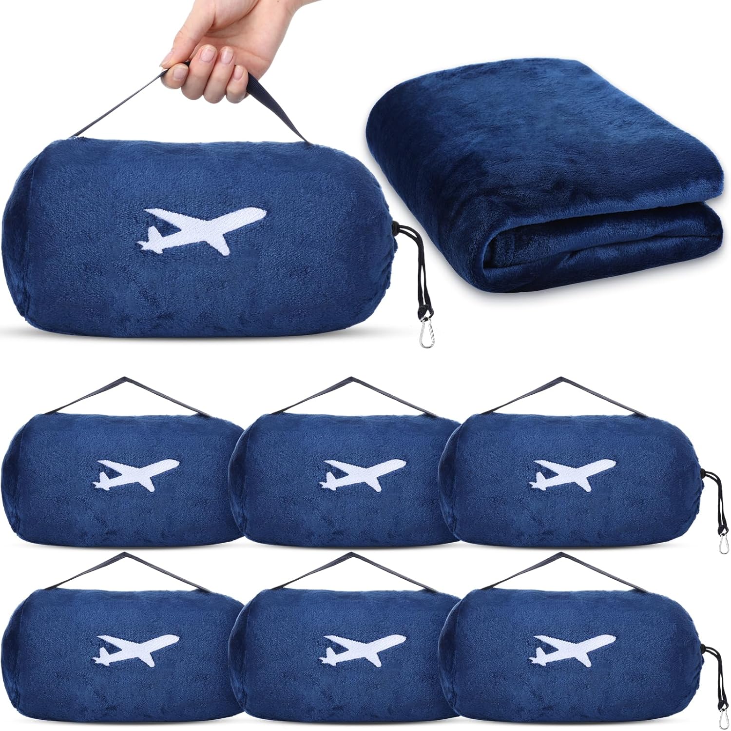 Peryiter 6 Sets Bulk Travel Blanket Pillows for Long Flight Sleeping 50 x 60 Inches Soft Flannel Packable Airplane Flight Blanket 2 in 1 Combo Warm Traveling Plane Essentials (Navy Blue)