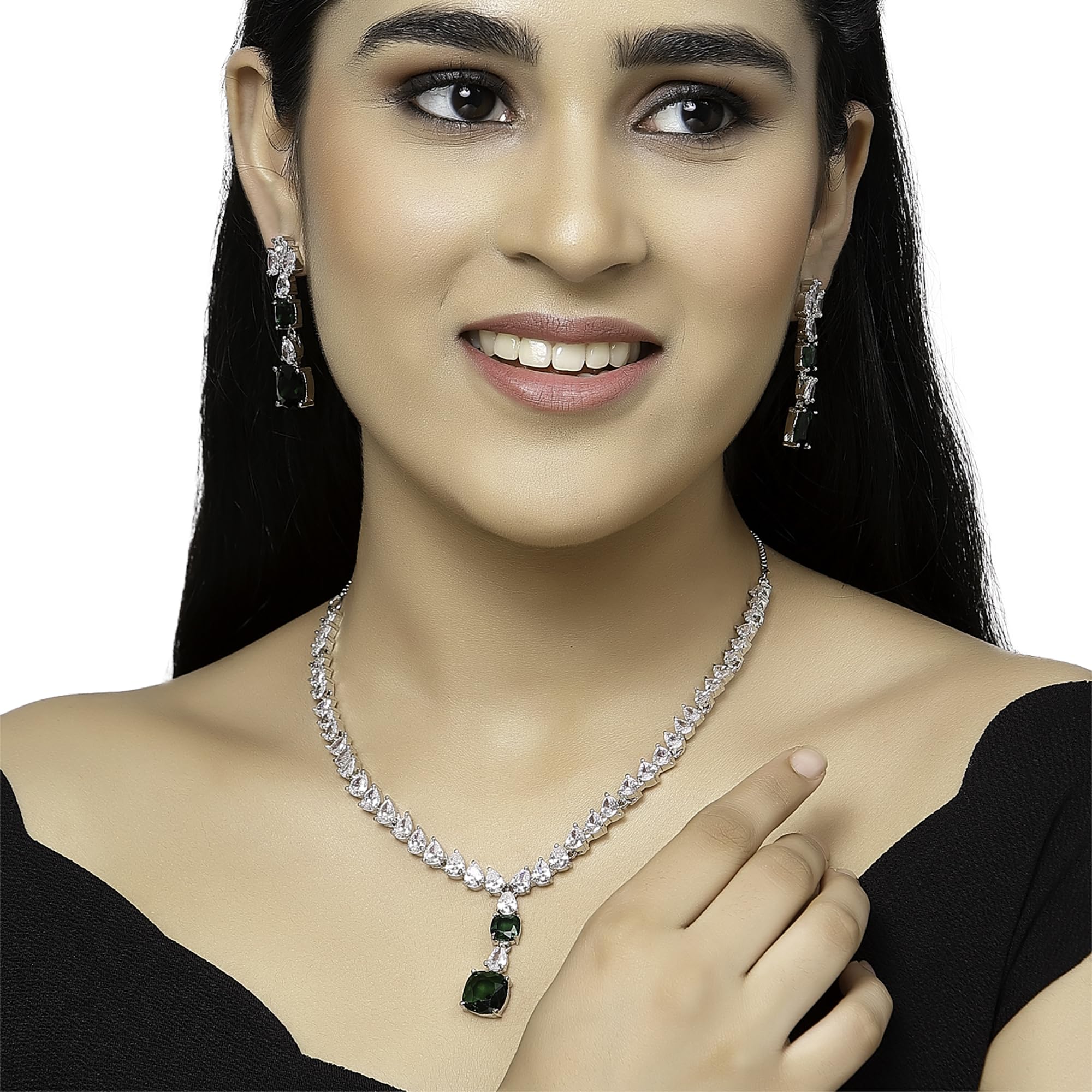 Rhodium-Plated Square American Diamonds Necklace & Earrings Set