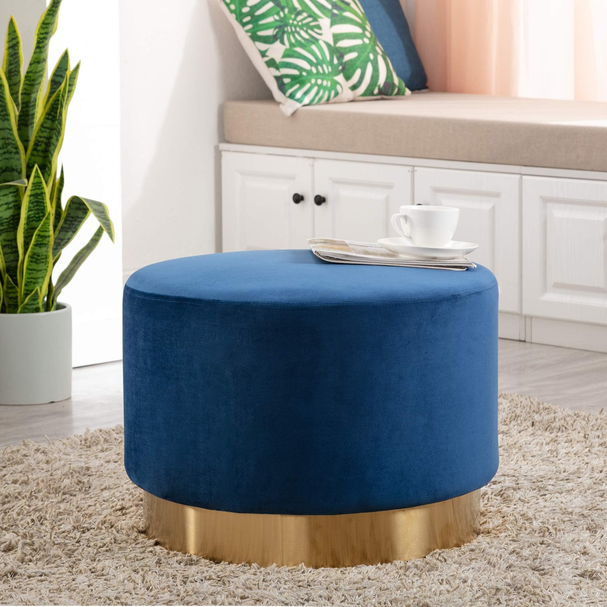 DAGONHIL Modern Round Velvet Ottoman,Upholstered Sofa Stools with Gold Plating Base,Coffee Table,Pack of 1,Blue