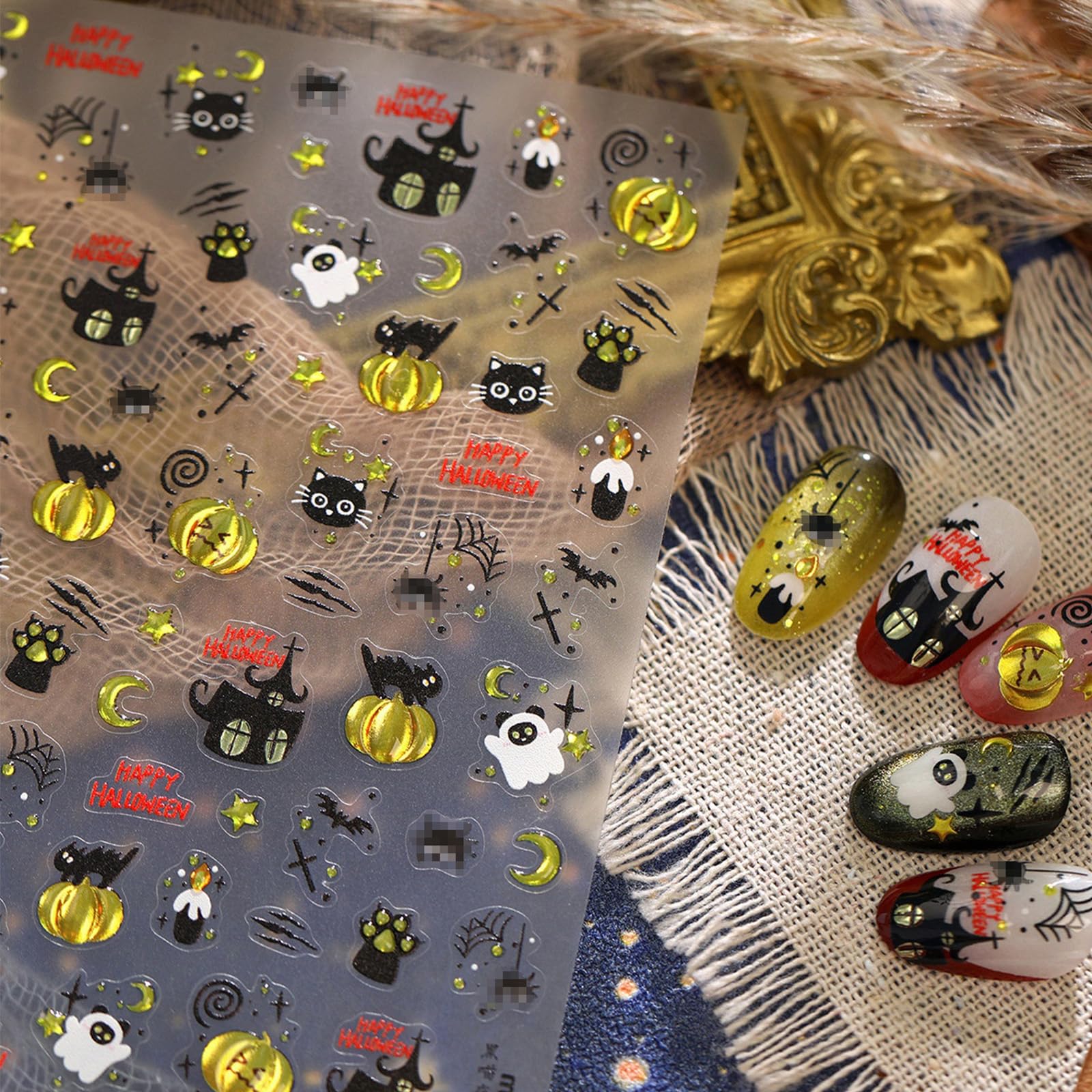 5D Embossed Halloween Nail Stickers Pumpkin Nail Decals Ghost Cat Nail Art