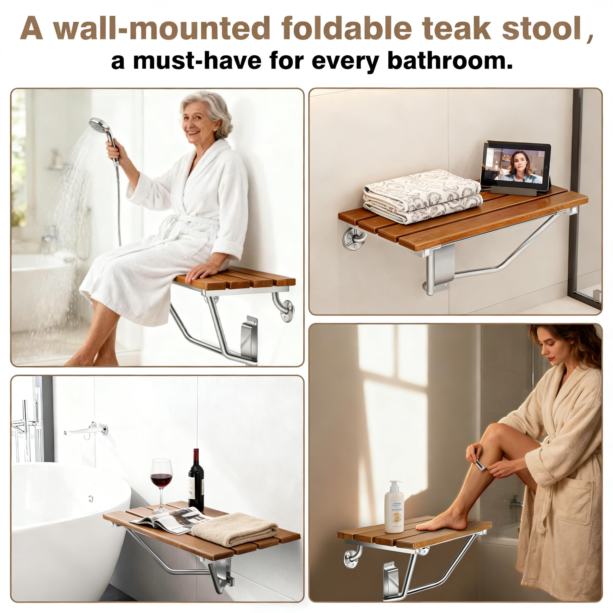Asiento de ducha plegable de 20 pulgadas montado en la pared, banco de ducha plegable con soporte de acero inoxidable, capacidad de carga de 500 libras, silla de ducha plegable de teca para ancianos