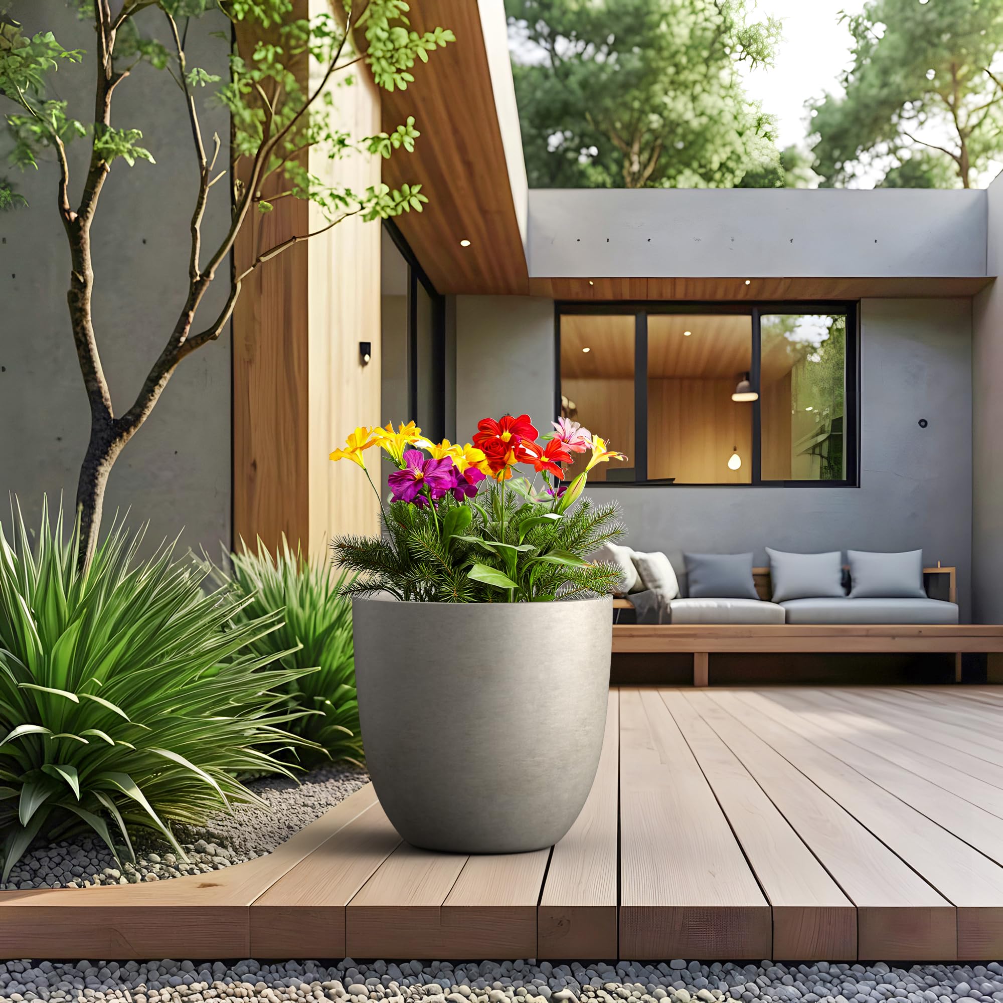 Kante 18 Inch Round Concrete Planter, Large Outdoor Indoor Plant Pot with Drainage, Weathered Concrete Finish with Painted Interior, for Flowers, Trees, Shrubs