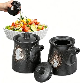 UKCOCO 2 Pack Ceramic Soy Sauce Dispenser Bottles, 200ml Japanese Style Oil and Vinegar Pourers with Light-Blocking Lid, Wide Mouth Refillable Tabletop Condiment Dispensers for Kitchen, Dining Table
