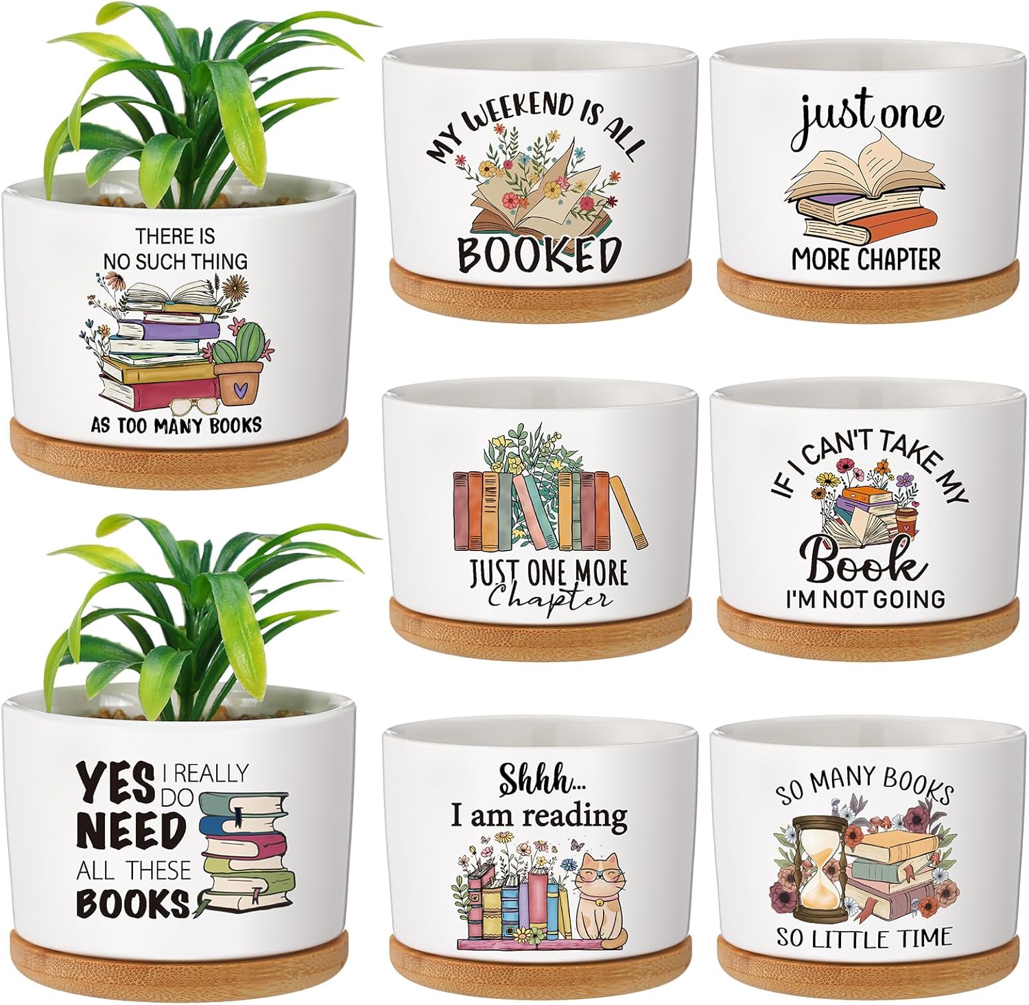 FoldTier 8 Pcs School Librarian Gift Book Lover Gift Succulent Pots Reading Quotes Mini Ceramic Reading Plant Pot with Bamboo Tray for School Librarian Week Graduation Bookish Bookshelf Decorations