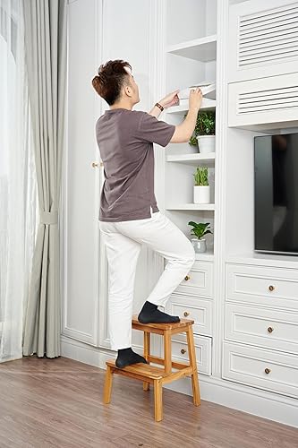 Miniatura 4 de BEEFURNI Taburete de madera de 2 escalones, taburetes de madera para adultos y niños, 350 libras, silla de escalar para niños, baño, banco de