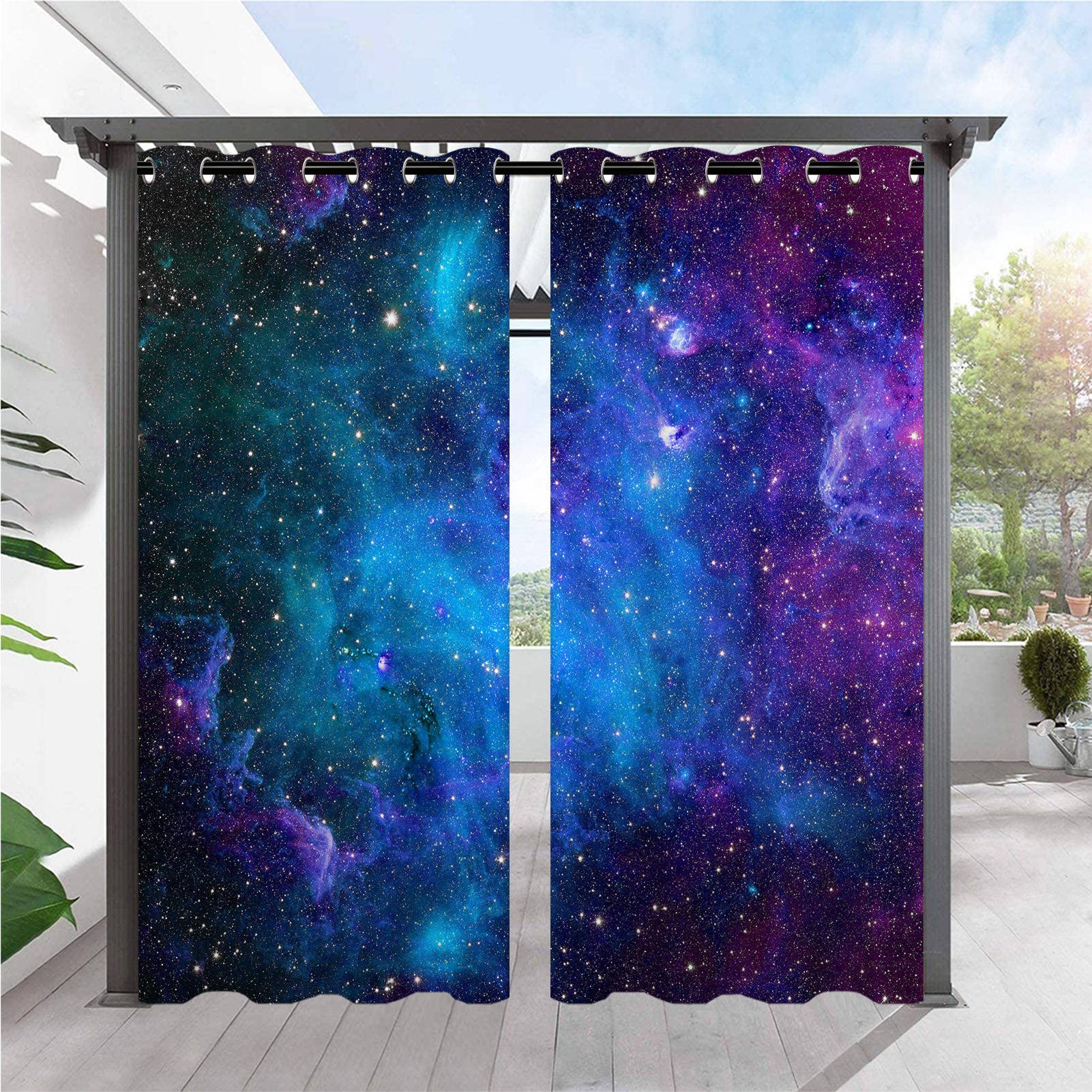 ANHOPE Outdoor Curtains Waterproof Eyelet Ring Top Drapes Outer Space Universe Galaxy Planet Print Pattern Privacy Outside Curtains for Patio Garden Gazebo Pergola Porch Pool 2 Panels 52 x 108 Inch — image 1