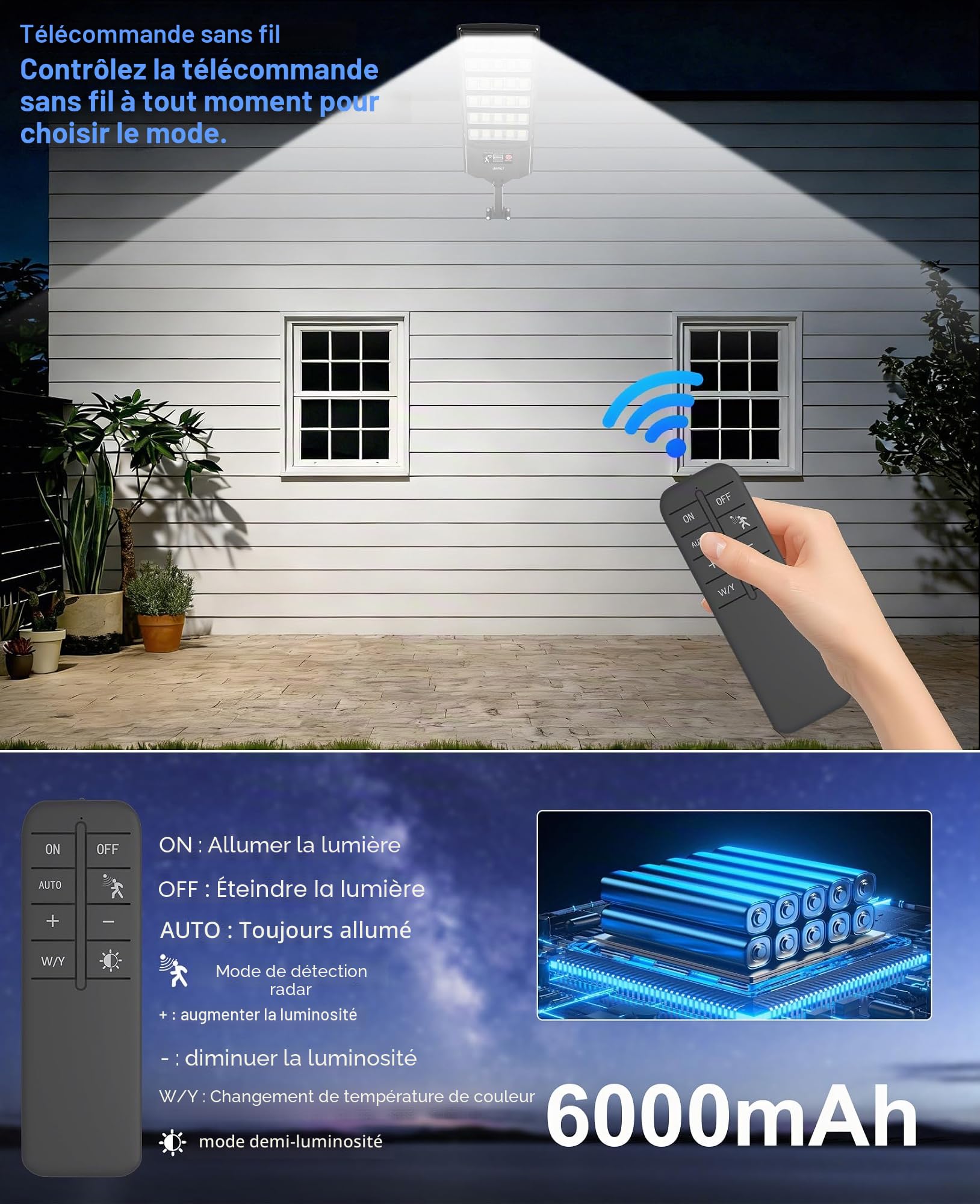 JAYNLT Lampadaire Solaire Exterieur, 6500K Lampe solaire Extérieure avec Télécommande, IP66 Étanche Projecteur avec Detecteur de Mouvement, Lumière Solaire pour Rue, Garage, Parking-2 Pack
