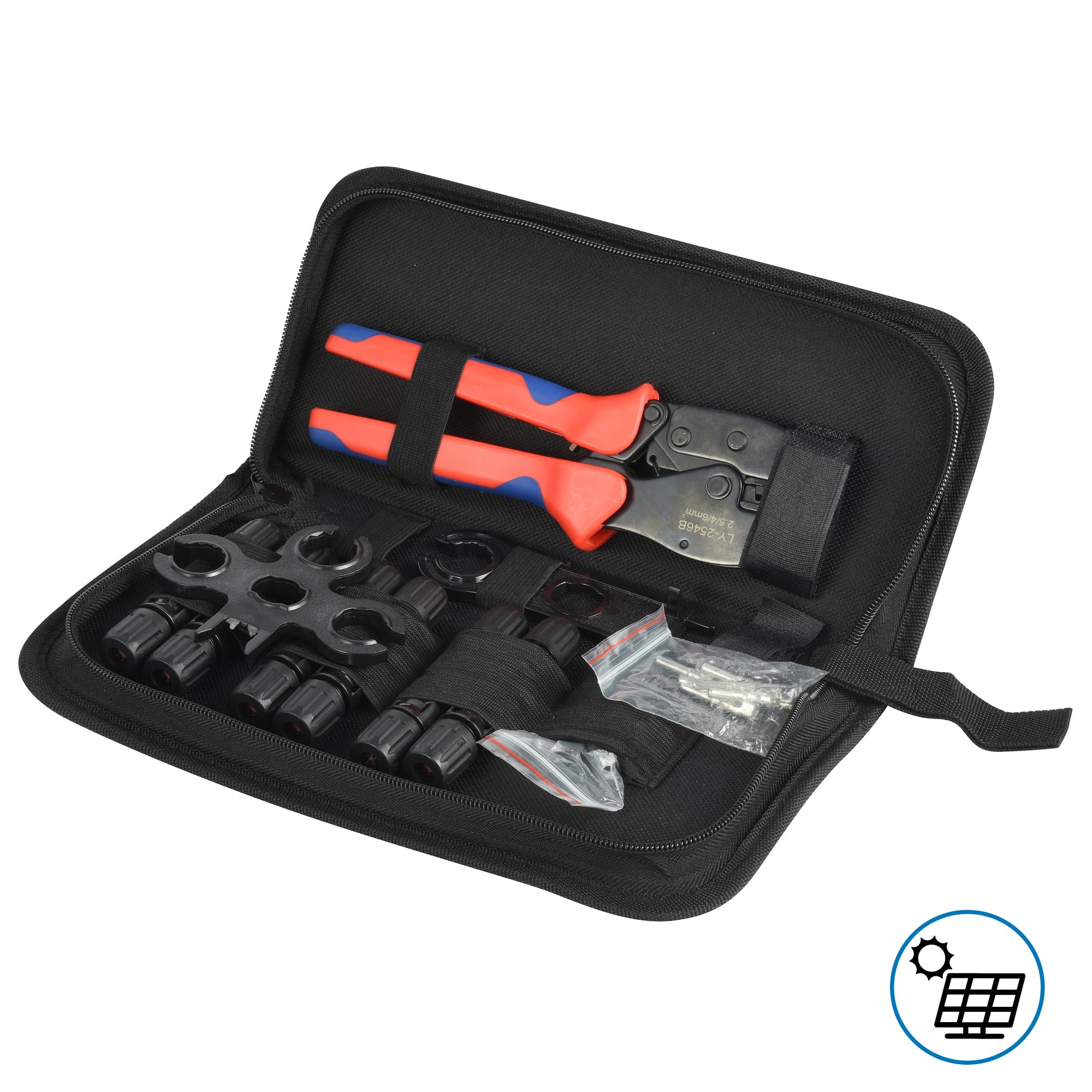Electraline 59232 Kit pinza e connettori per pannelli fotovoltaici, pinza crimpatrice solare per cavi con sezione 2.5-4-6mm, 6 connettori completi MC4 (mascio+femmina+terminale), 2 chiavi, e borsa zip