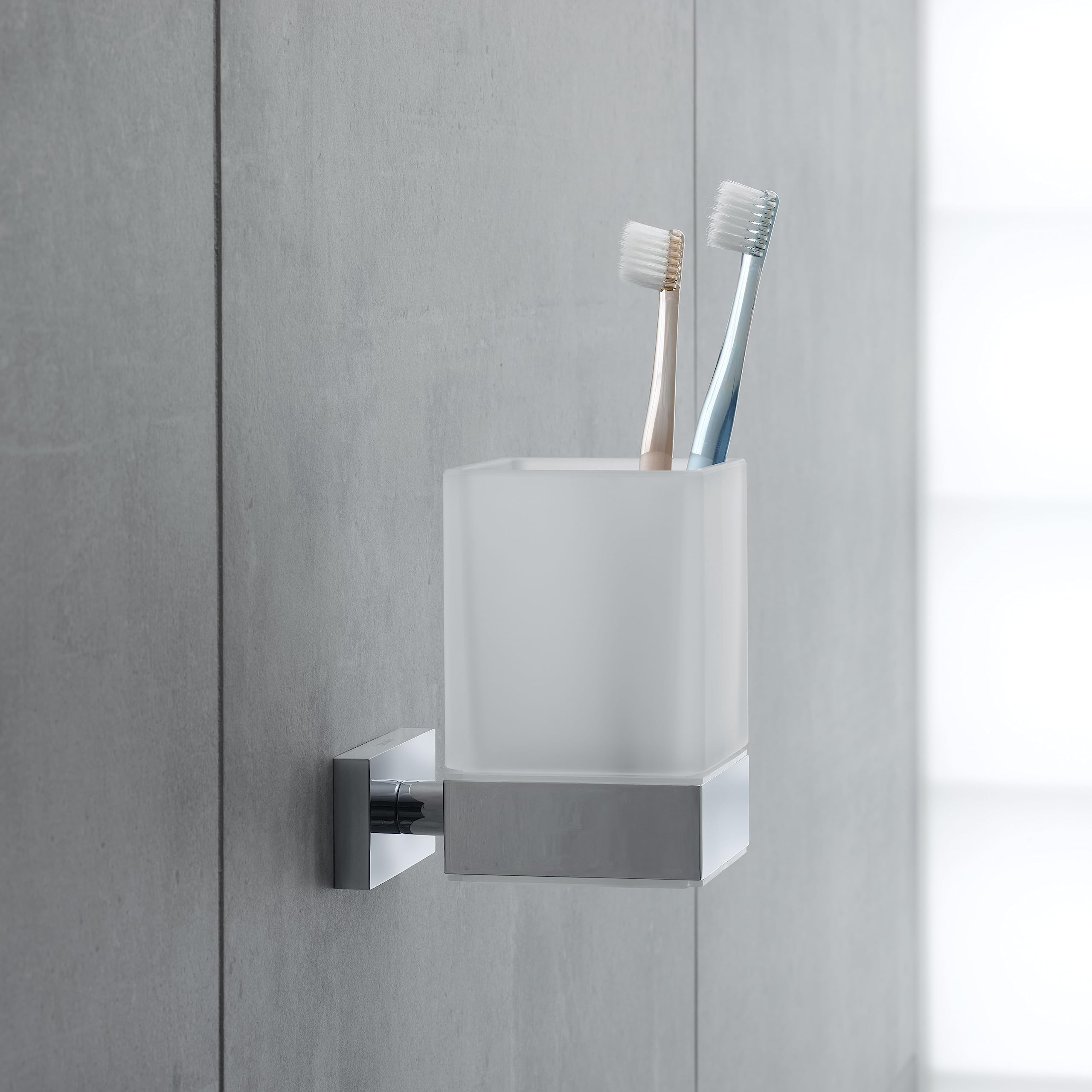 Duravit Zahnputzbecher Karree, Glashalter Bad, Zahnbürstenhalter Glas, Wandmontage, Chrom