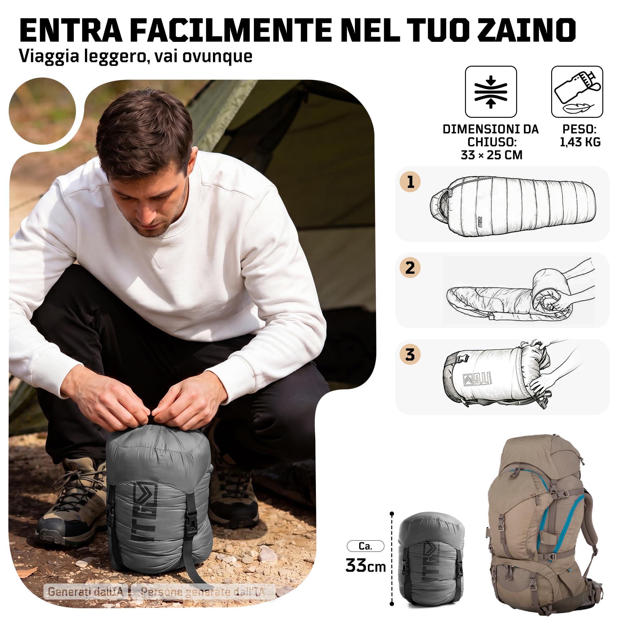Sacco a pelo a mummia per 2-3 stagioni (comfort 6 °C), traspirante, per adulti fino a 185 cm, compatto nylon ripstop 40D con sacco a compressione per campeggio, escursioni e festival