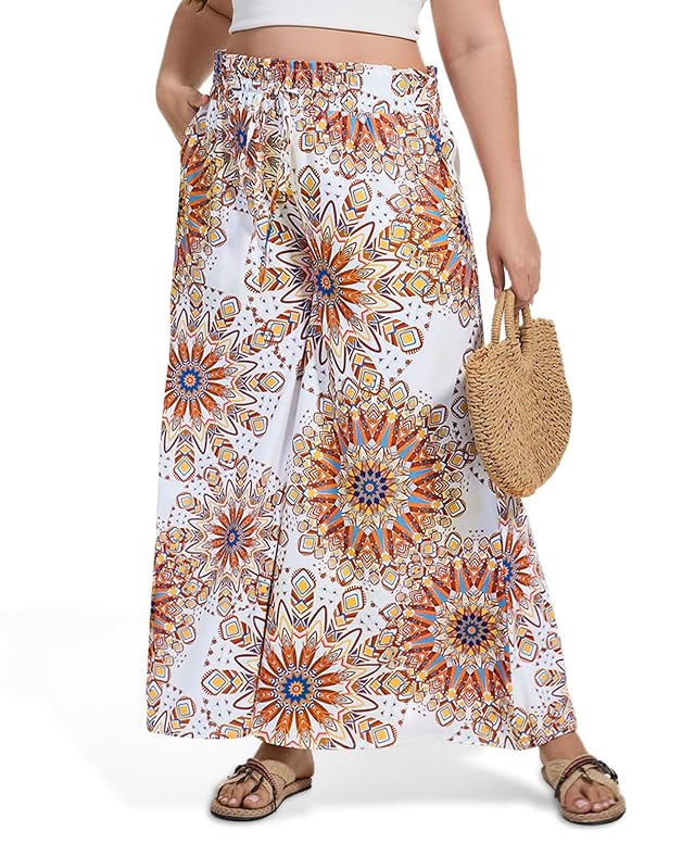 Plus Size Wide Leg Pants Woman Printed Flowy Pants with Pockets Casual Summer Pants Floral Beach Trousers