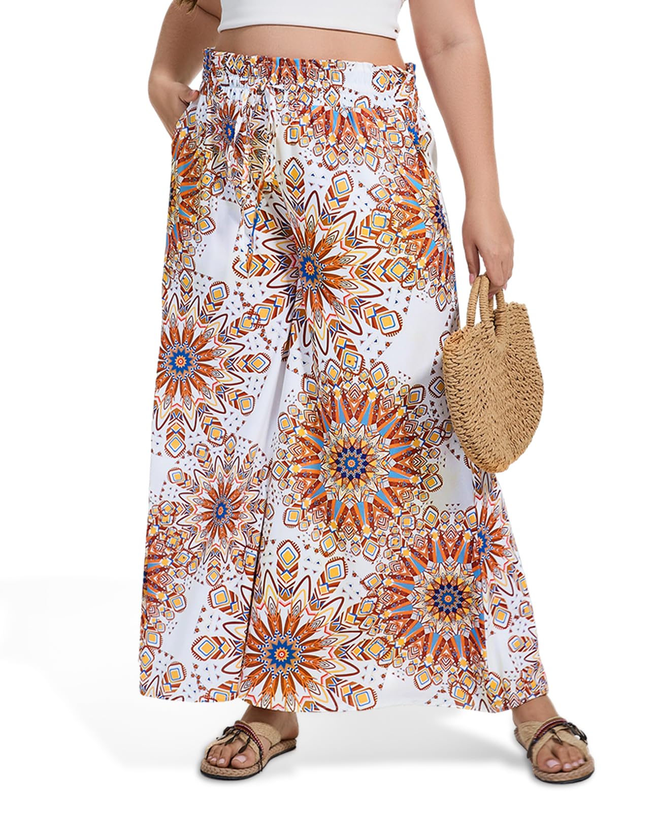 Plus Size Wide Leg Pants Woman Printed Flowy Pants with Pockets Casual Summer Pants Floral Beach Trousers