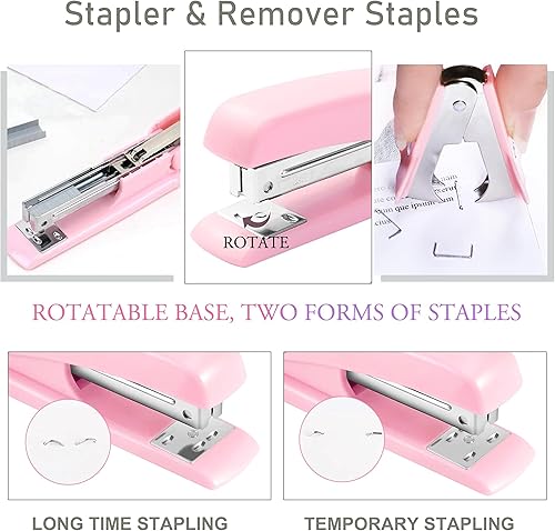 Miniatura 2 de Accesorios de escritorio rosados, suministros de oficina rosados, organizadores de escritorio y accesorios con dispensador de cinta, grapadora,