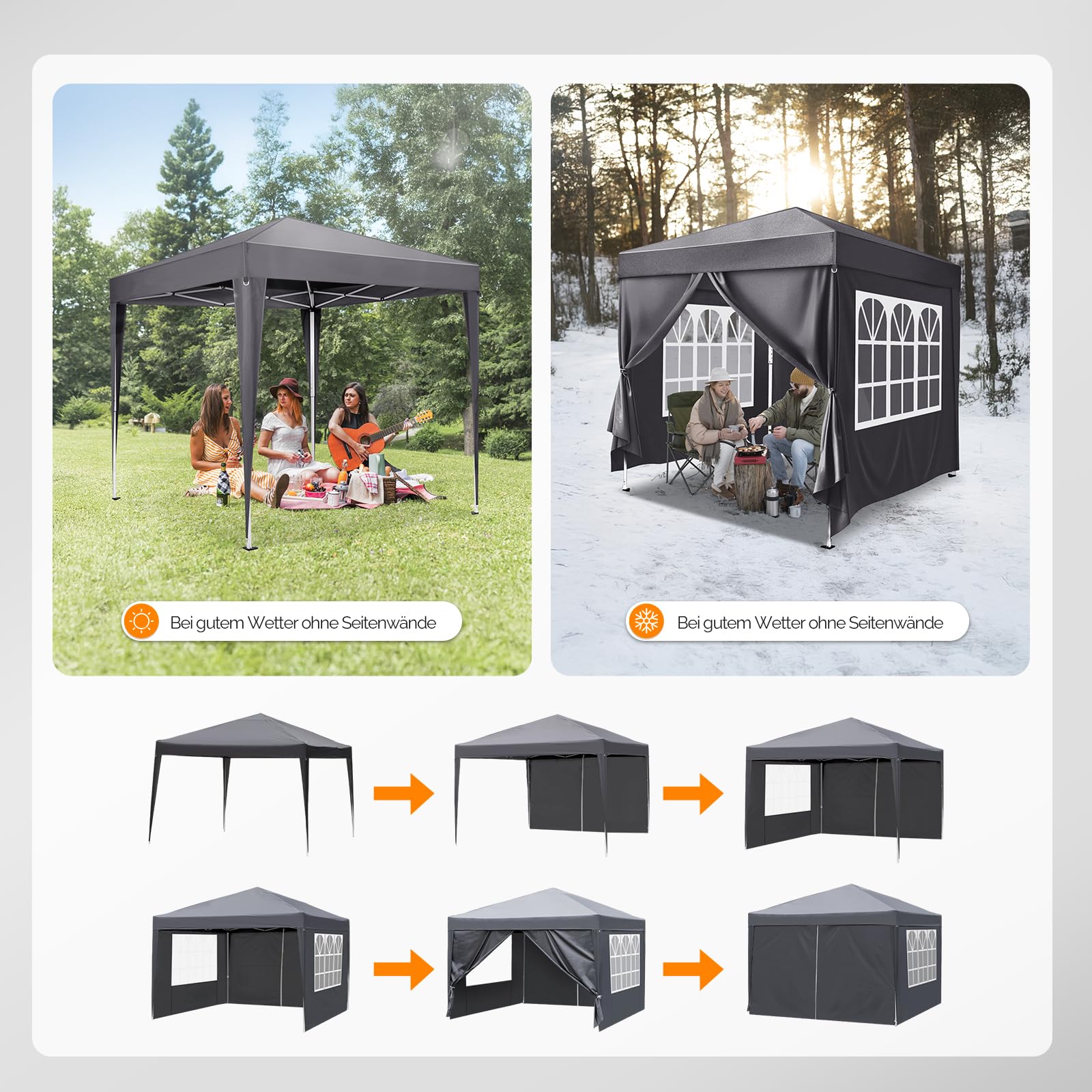 Bonnlo Pop-up Pavillon, Faltpavillon 3x3m, Höhenverstellbar, Wasserdicht Partyzelt mit 4 Seitenteilen, Gartenpavillon für Outdoor Hochzeit Garten Camping Party, Grau