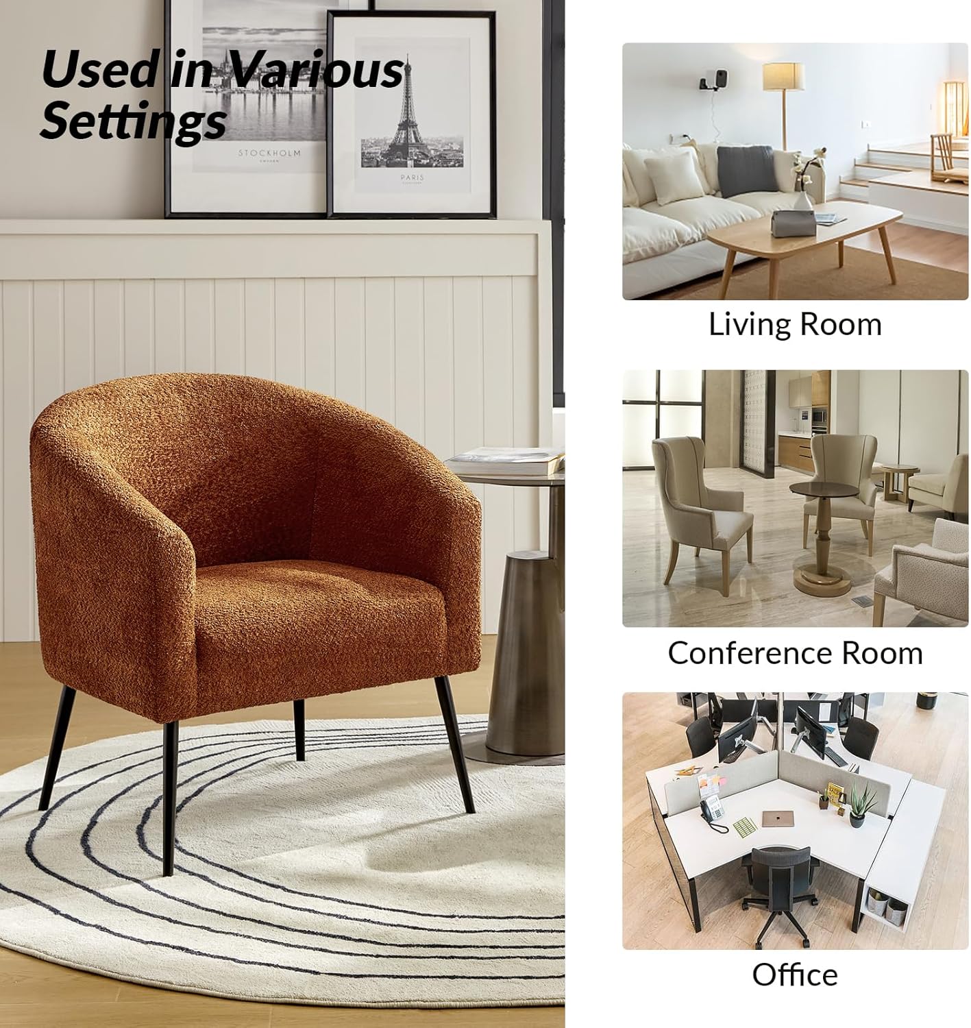 HULALA HOME Boucle Accent Chair, Cozy Accent Barrel Chair with Metal Legs, Upholstered Lounge Chair Single Sofa Armchair for Bedroom Living Room Reception Room Office, Rust