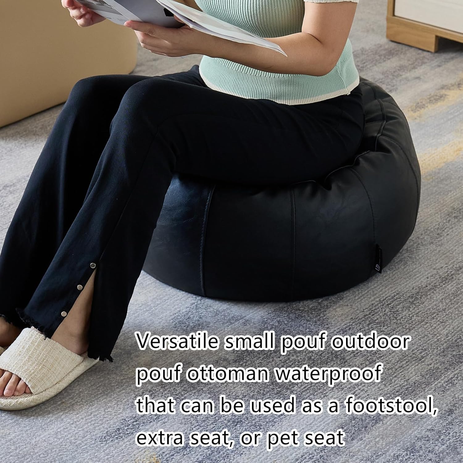 Pouf Ottoman Cover, Handmade Faux Leather Pouf Unstuffed Ottoman Moroccan Footstool, Floor Footrest Cushion, Storage Solution - Natural Black Color (21x13) Poufs for Lving Room Gifts (black-158)