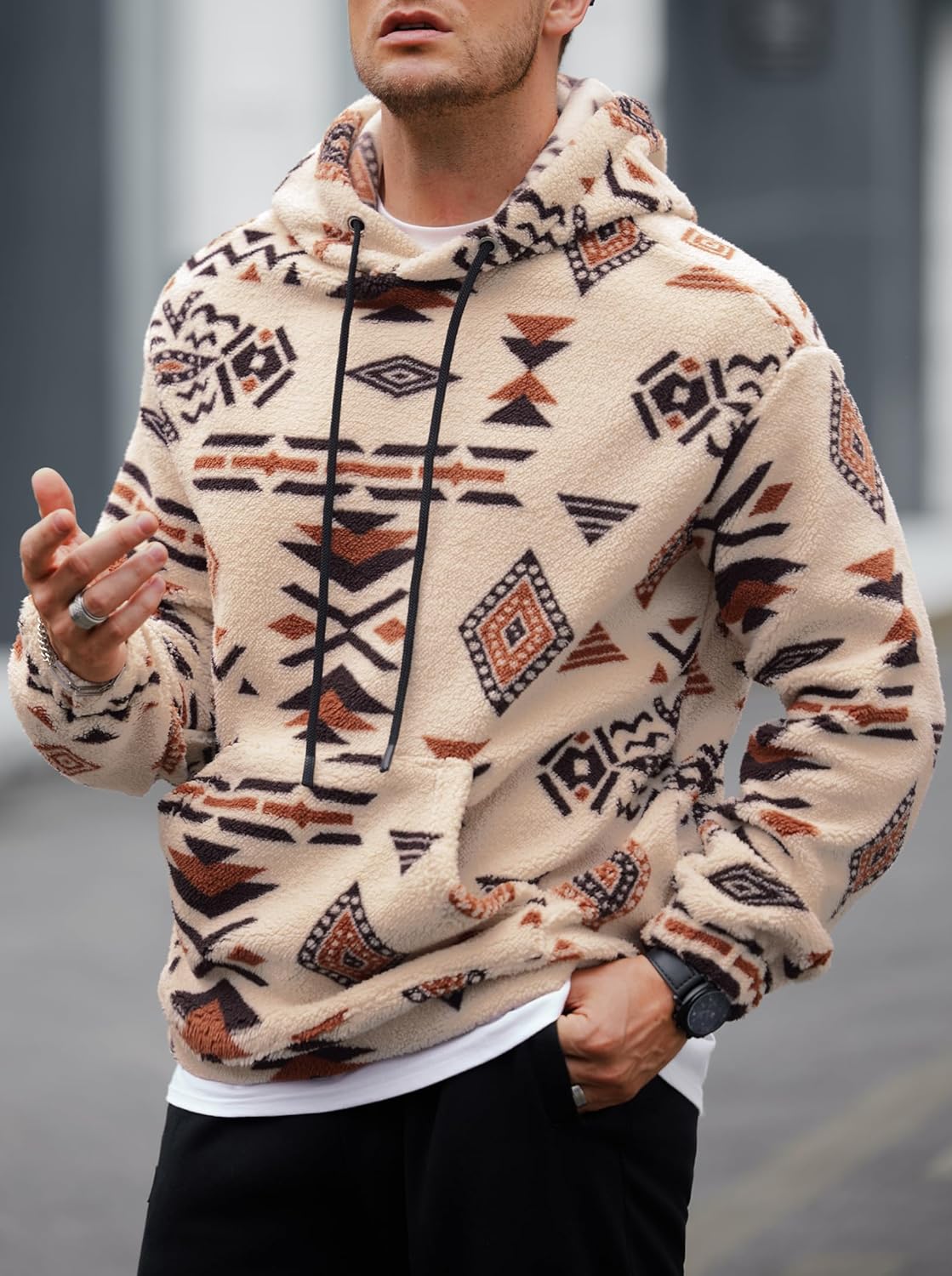 Mens Tribal Aztec Hoodie Sherpa Fluff Allover Print Long Sleeve Thermal Vintage Graphic Sweatshirt (S-XXL) - Image 3