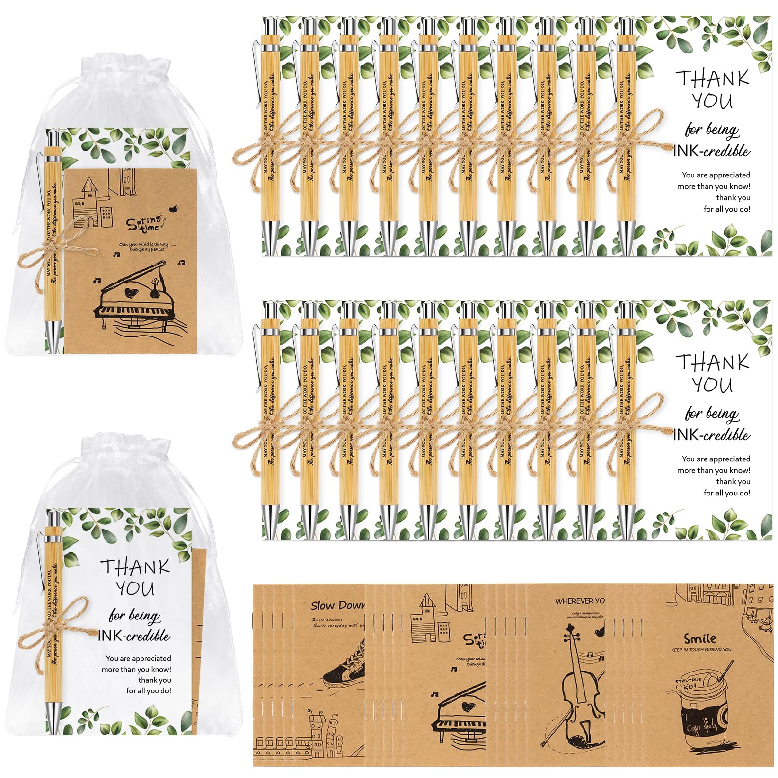 20 Sets Thank you Gift Motivational Pens Employee Appreciation Gifts Inspirational Personalised Bamboo Ballpoint Pens with Inspirational Cards