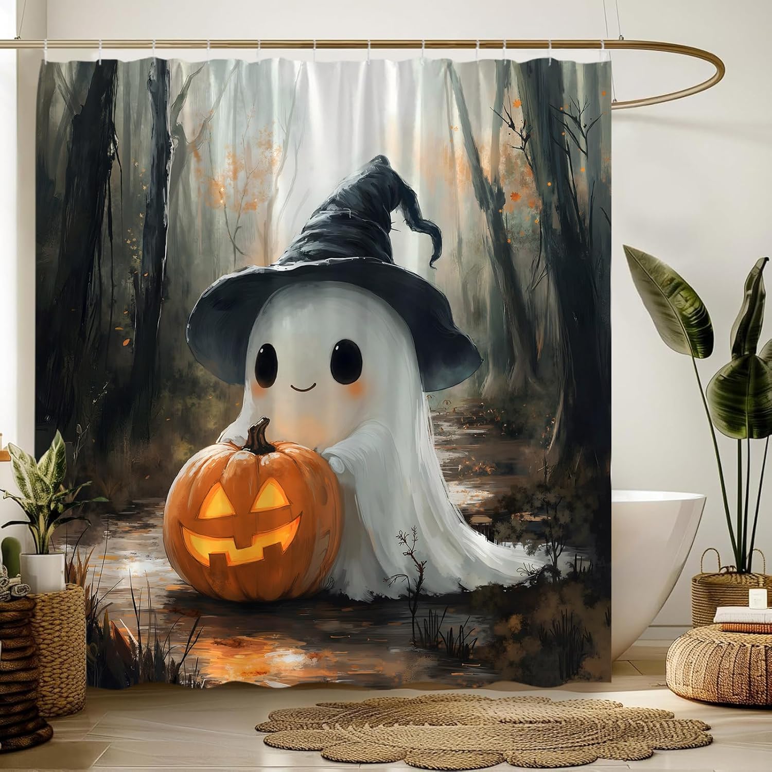 Cute Halloween Ghost Shower Curtain Witch Hat Spooky Orange Pumpkin Forest Rustic Vintage Scary 70" Wx84 H Fabric Bathroom Decor Curtain with Hooks