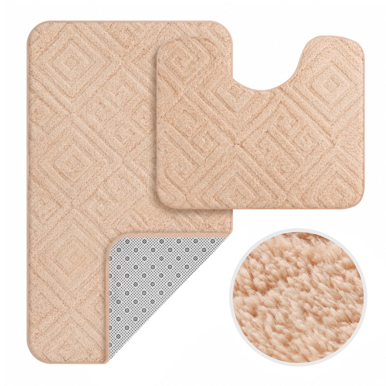 HOMELUX 2BF - Lot de 2 tapis de bain antidérapants - Doux et moelleux - 60 x 100 cm + tapis WC 60 x 50 cm - Avec découpe - Crème