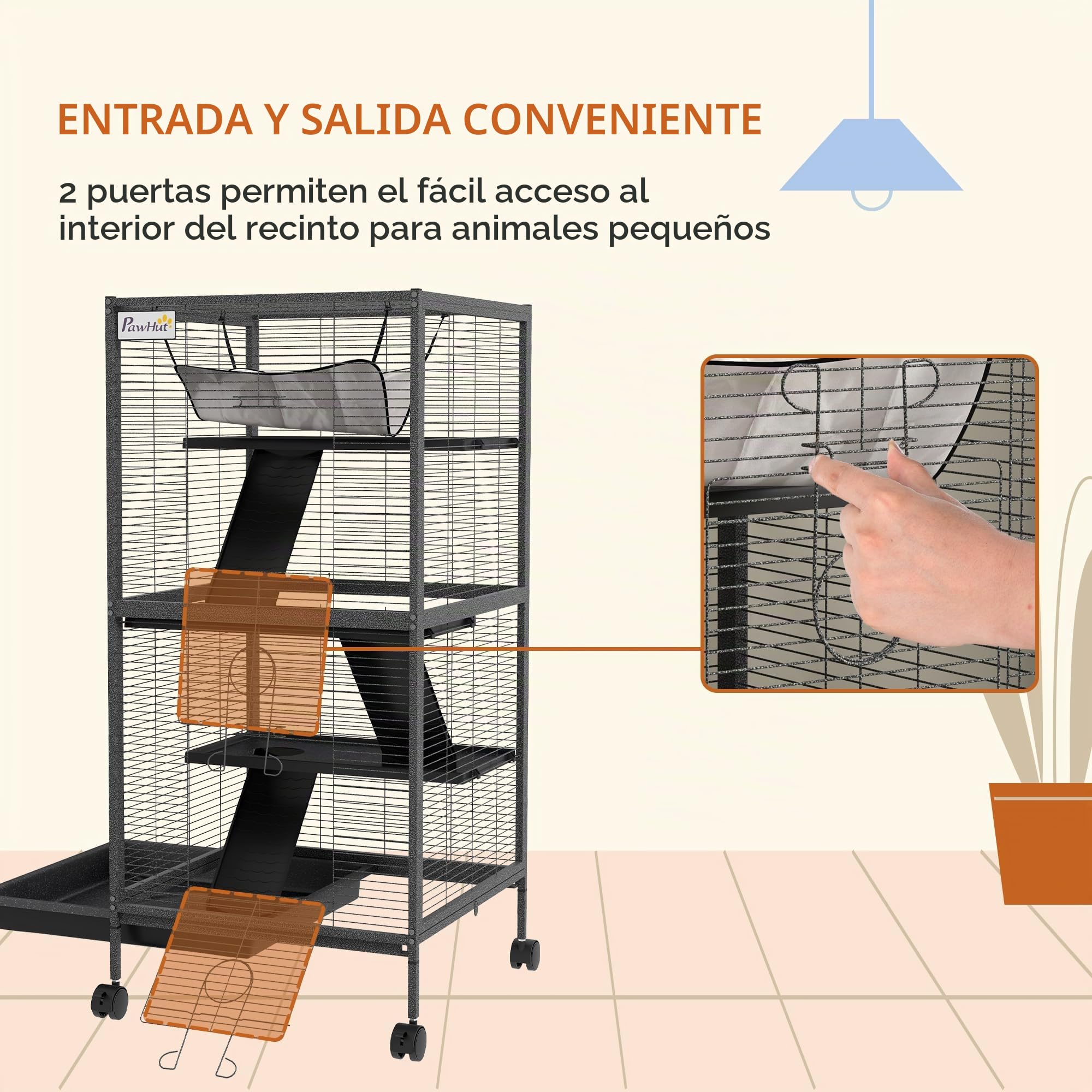 PawHut Jaula para pequeños roedores de acero, jaula para cobayas y chinchillas con 3 pisos, 4 ruedas, hamaca y bandeja extraíble, 52 x 52 x 113,5 cm, gris