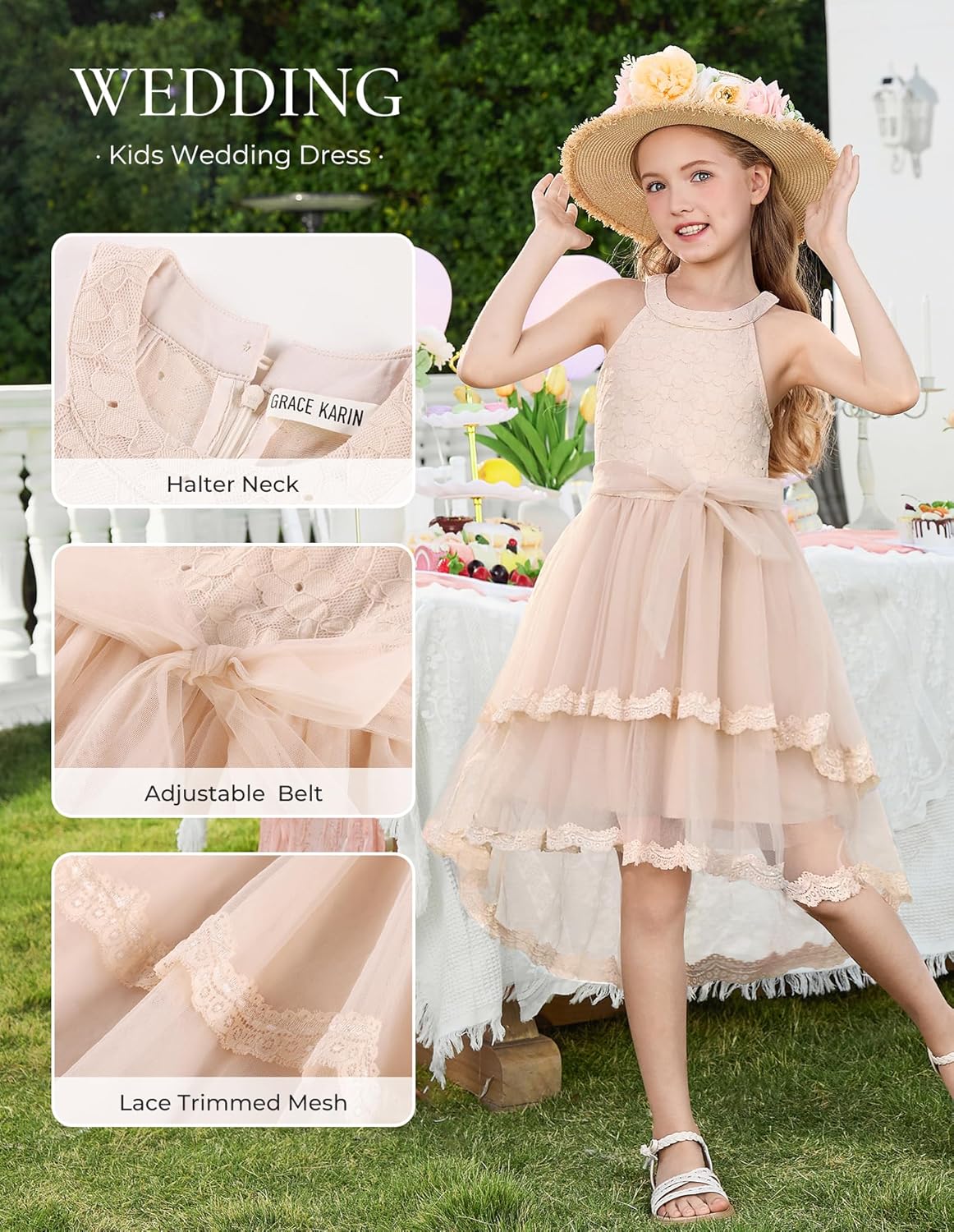 GRACE KARIN Flower Girl Dress Kids Wedding Guest Birthday Party Formal Lace Tulle Princess High Low Dresses 5-10Y - Image 4