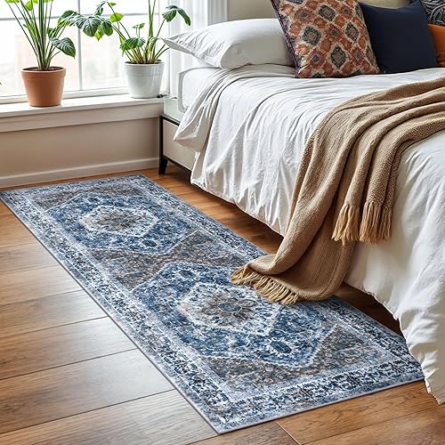 Miniatura 7 de KOZYFLY Alfombras de pasillo de 2 x 6 pies, estilo bohemio, lavable, antideslizante, estilo vintage, medallones, mesita de noche, para interiores,