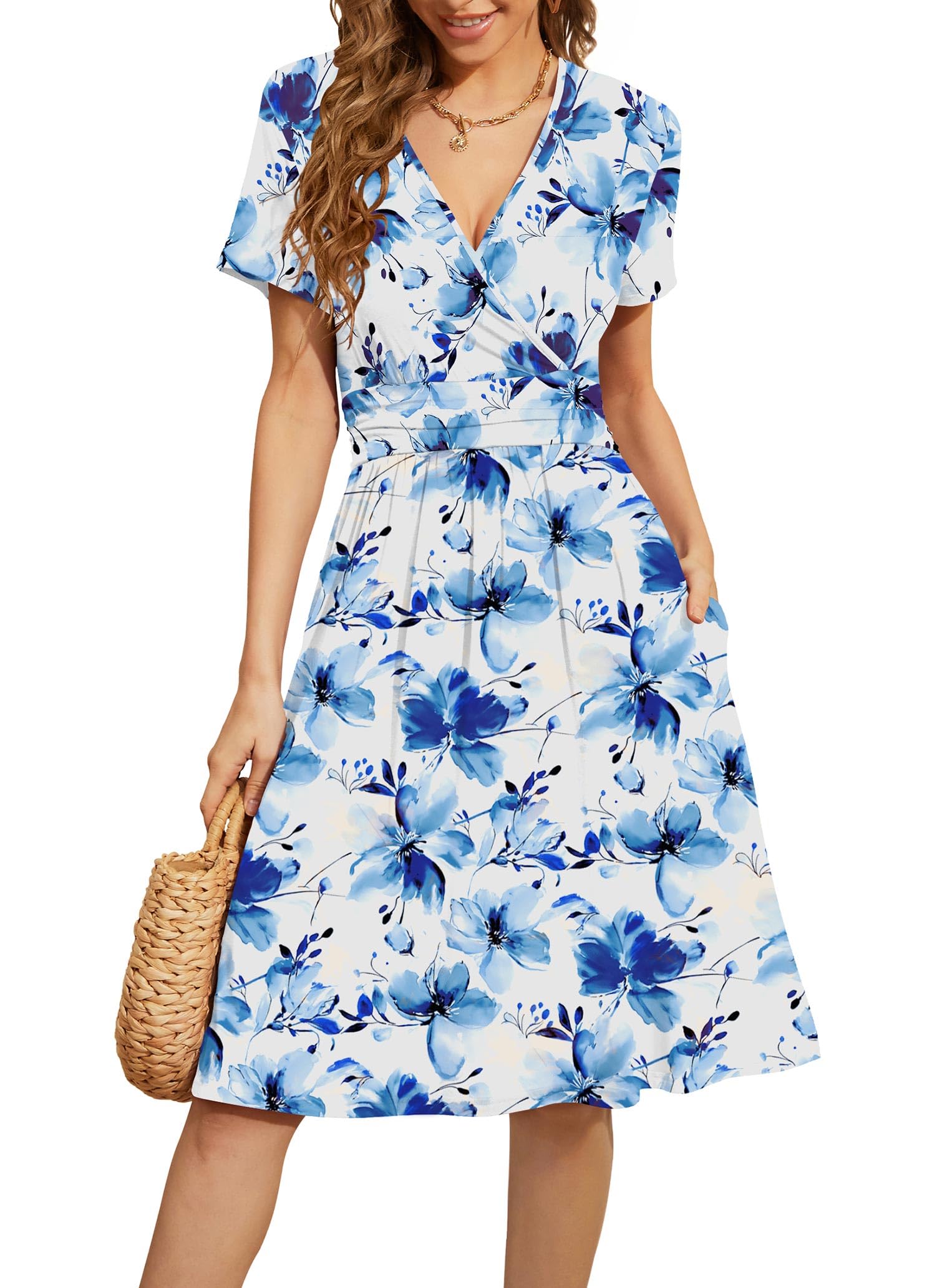WEACZZY Women's Summer Short Sleeve Casual Dresses V-Neck Floral Party Dress with Pockets