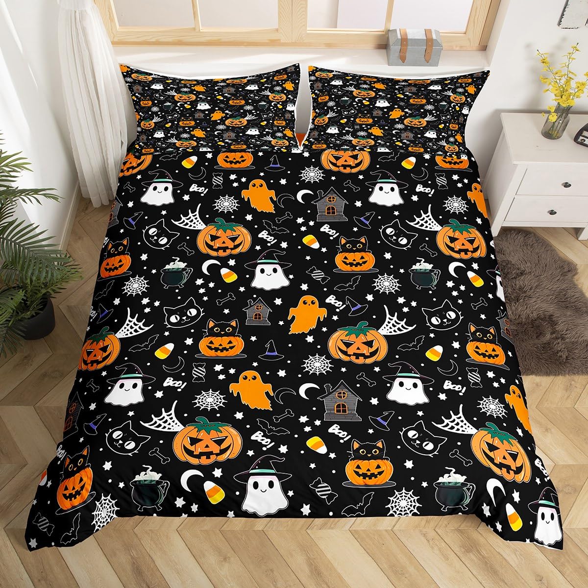 Happy Halloween Duvet Cover Double Size,Cute Ghost Black Cat Black Comforter Cover for Kids Teens Adults Bedroom Decor,Pumpkin Smiling Bat Network Moon Bedding Set 2 Pillowcases,No Comforter โ image 1