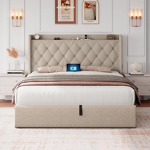 Miniatura 7 de iPormis Base de cama de almacenamiento elevable de tamaño completo con estación de carga, base de cama de plataforma tapizada con cabecera capitoné,