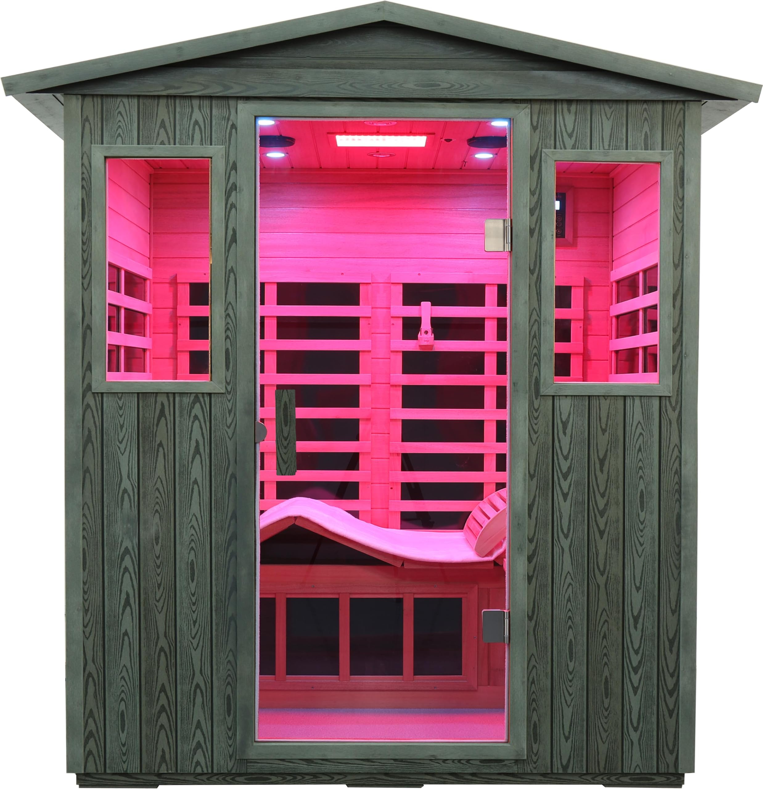 LTCCDSS Outdoor 4 Person Full Spectrum Ultra‑Low EMF Sauna, Composite Wood Far Infrared Home Sauna with 0.1‑1mG EMF, Bluetooth Speaker &amp; Chromotherapy Light, Hillside Pitched Roof for Garden Backyard