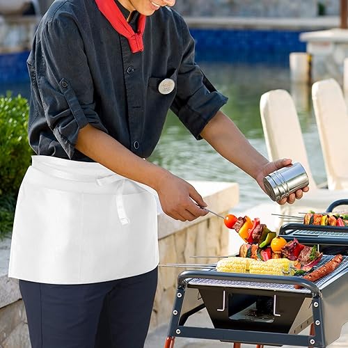 Miniatura 6 de Paquete de 3 delantales de cintura 100% algodón con 3 bolsillos para camarera, mitad corto, para servir dinero, color blanco